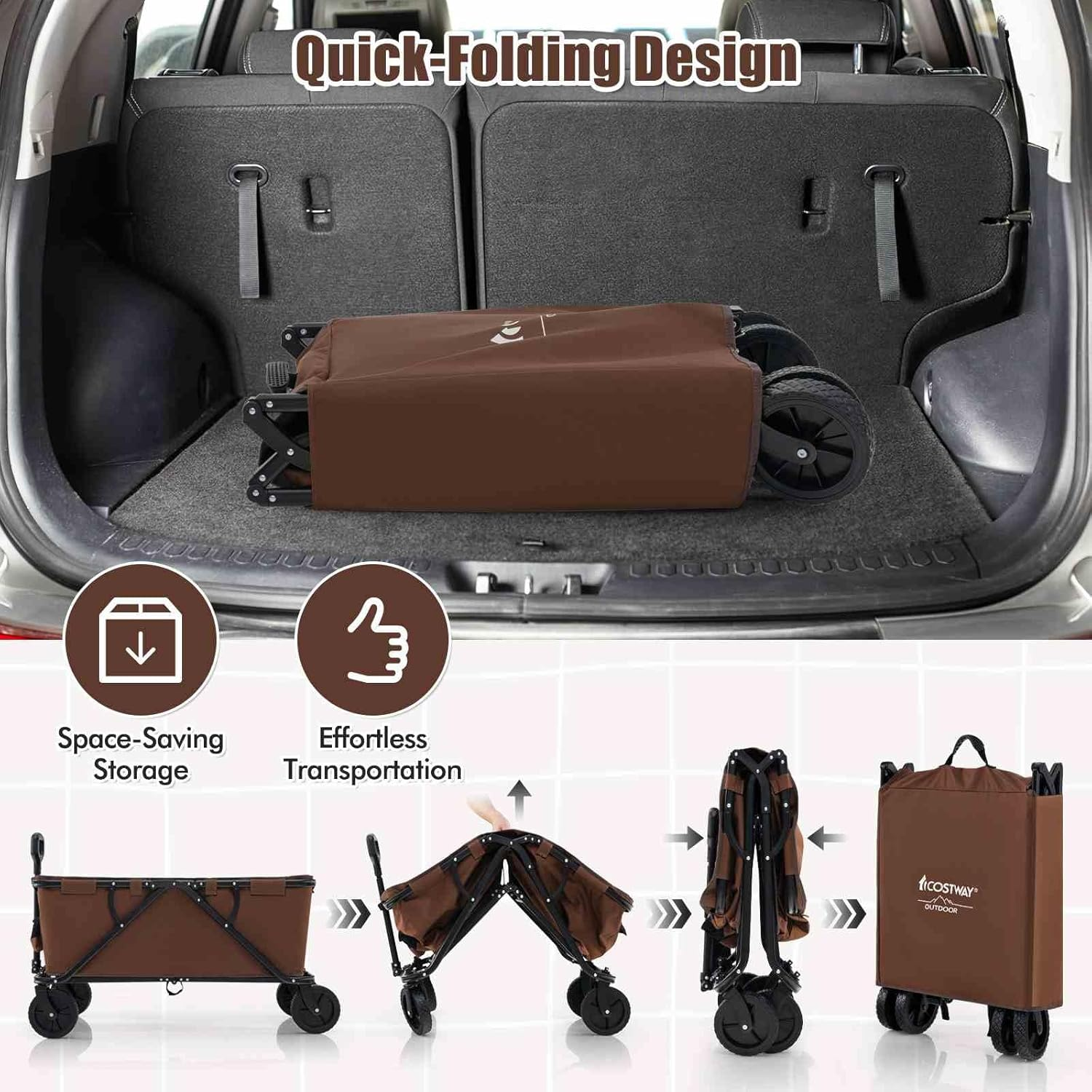 Costway Heavy-Duty Wagon Cart, Collapsible Folding Wagon W/Adjustable Handlebar, Bottle Holders & Storage Pocket, Patio Folding Utility Cart for Camping, Beach, Garden, Sports (Coffee) - Grey image number 4