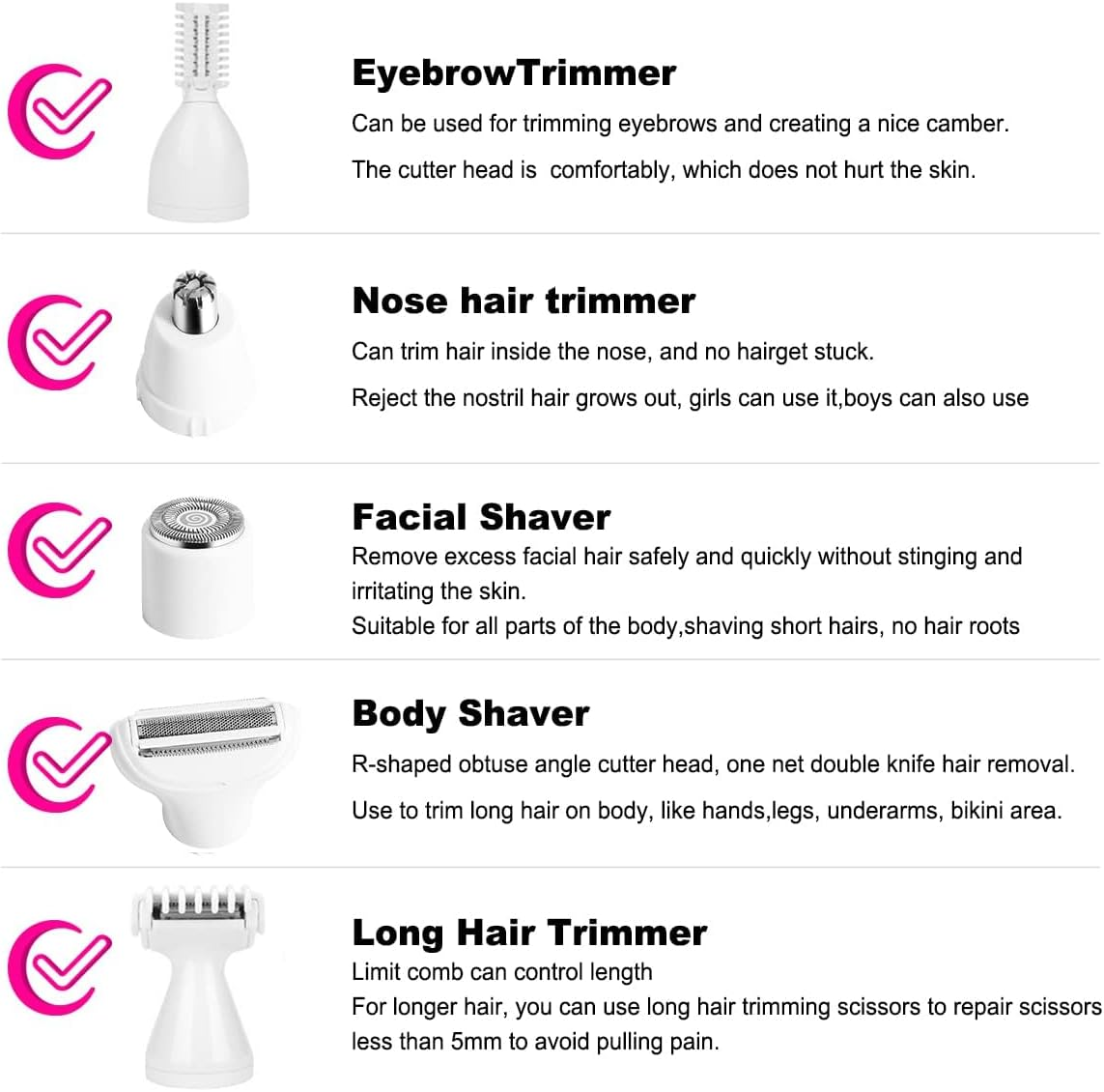 5-In-1 Electric Safety Shaver for Women, Lady Waterproof and Painless Cordless Shaver, Womens Can Finely and Accurately Comfort Shave,Eyebrows, Face, Nose, Armpits, Legs, Facial,Bikini Trimmer image number 4
