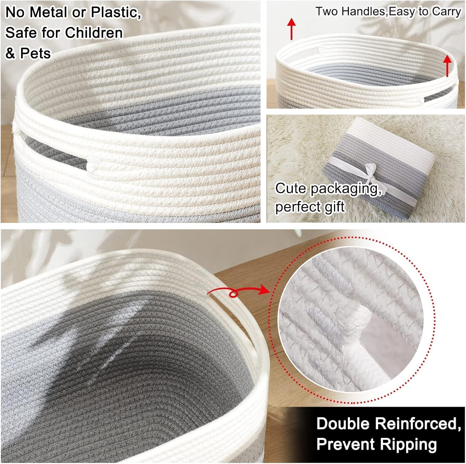 3Pack Storage Basket,Storage Basket for Organizing, Woven Baskets for Storage, Cotton Rope Basket for Toys&Books,Towel Baskets for Bathroom,Baby Organizing Baskets (Grey) image number 6