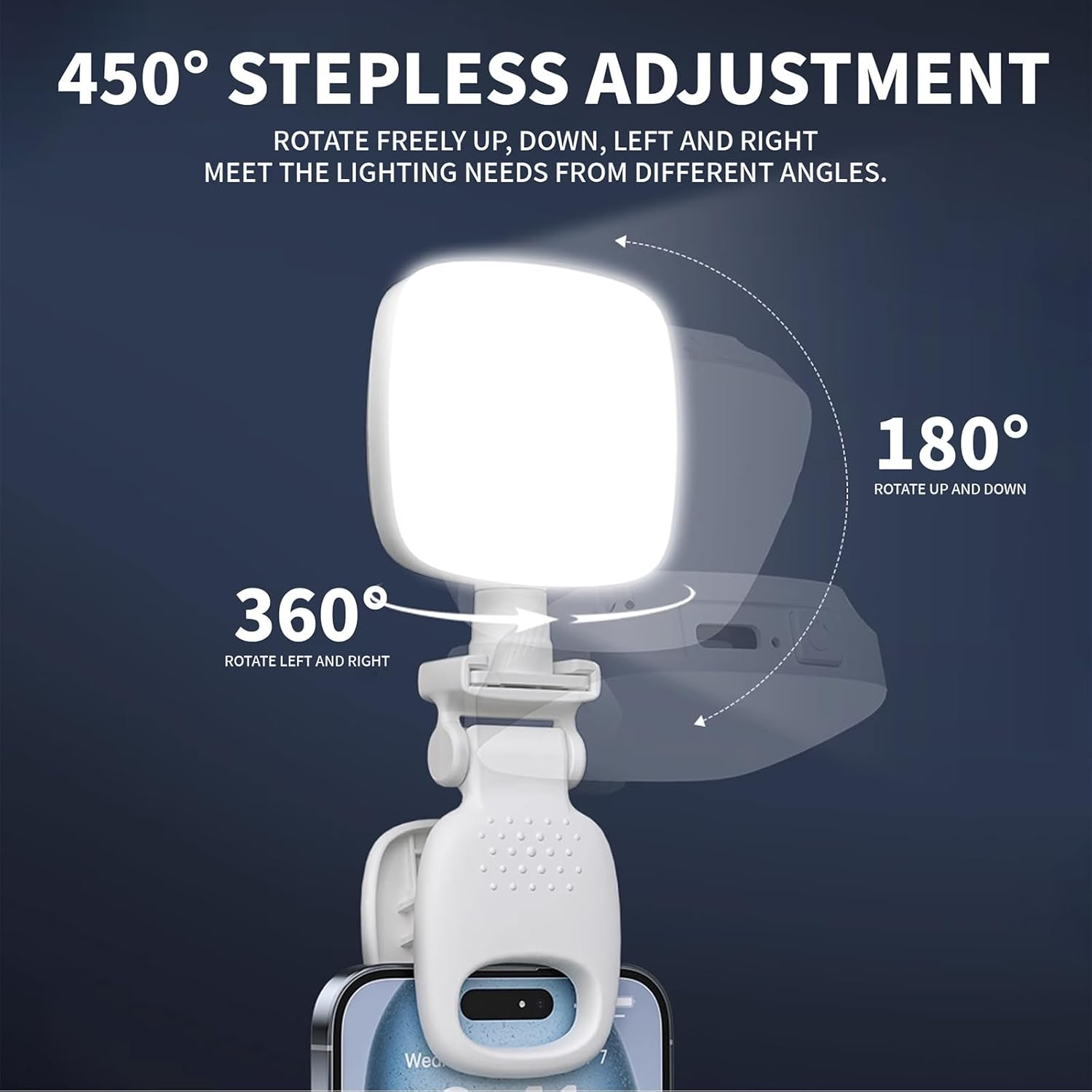 ENUOLI Portable Fill Light - 3 Colors & 9 Dimming Levels, Rechargeable Cell Phone Selfie Lights, Rechargeable Clip-On Selfie Lights for Makeup/Photography, Clip on Phone/Laptop/Camera - White-D6 image number 5