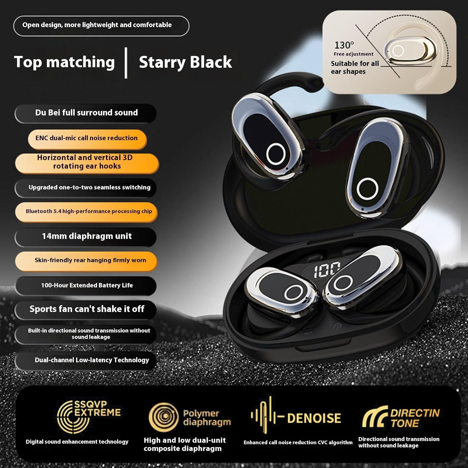 Black Open Ear Earbuds with 130&deg; Rotatable Design, 14Mm Dynamic Driver & AI Call Noise Cancellation, 80H Playtime Bluetooth 5.4 Wireless Earbuds, IPX7 Waterproof, LED Power Display, Low Latency image number 2