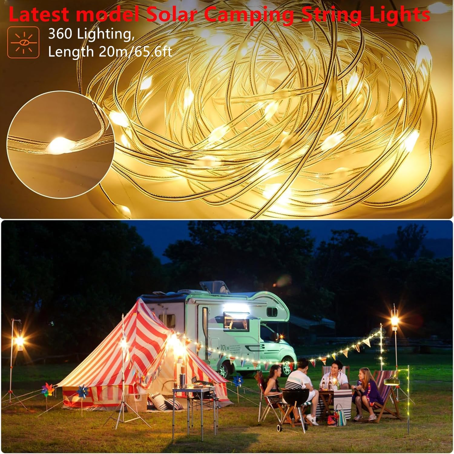 Solar Camping String Lights Outdoor, Portable Outdoor Waterproof Retractable,20M 3000Mah 4 in 1 Camp Light with 9 Modes, Solar&Usb Rechargeable Tent Lights,For Camping,Hiking, Yard,Rv image number 4