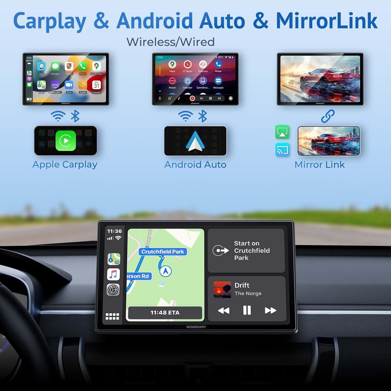 Wonsidary 9" Carplay Screen for Car,Wireless/Wired Apple Carplay,Android Auto and Mirror Link,Ips Touch Screen Portable Car Stereo with Light Sensitive,Bluetooth Audio,Siri,Navigation for All Vehicles image number 6