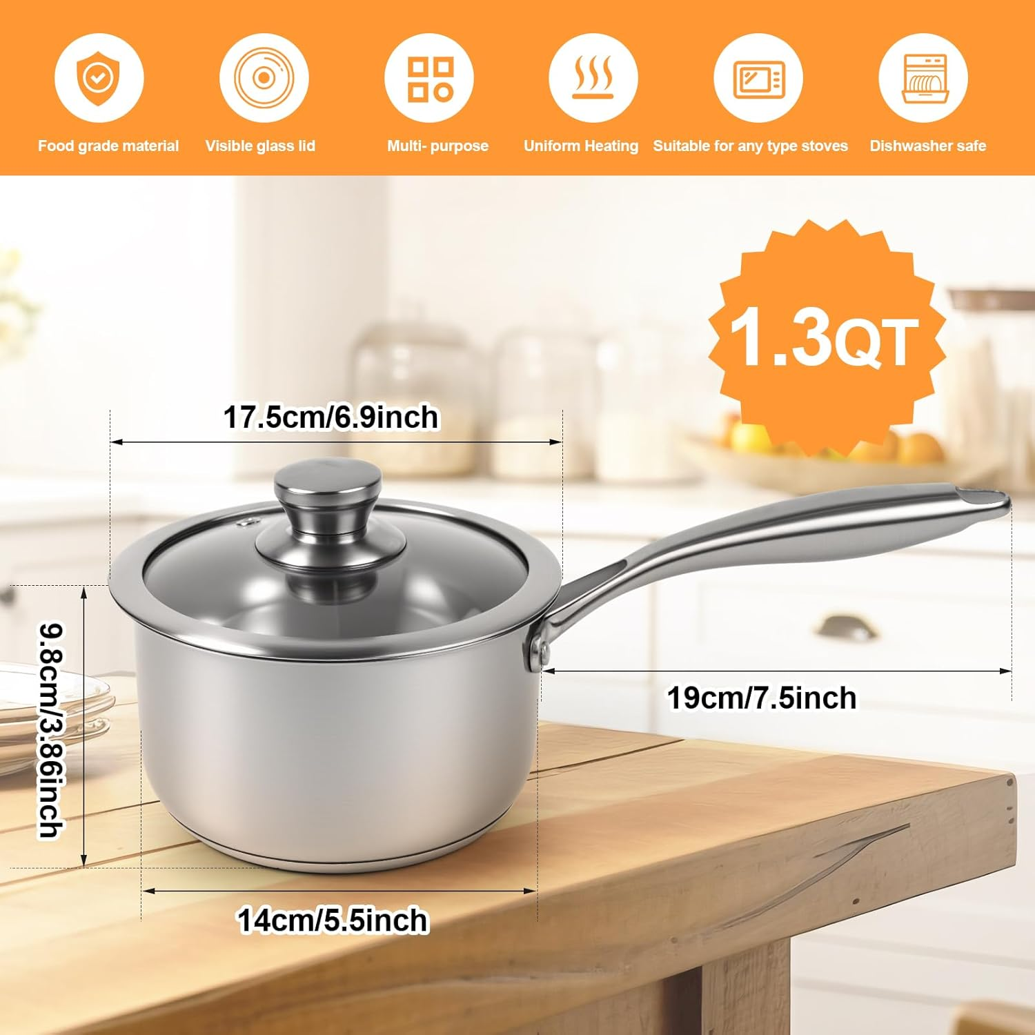LZONEY 1.3 QT 304 Stainless Steel Saucepan with Lid, Professional Thickened Tri-Ply Milk Pan with Long Heatproof Handle, Non Toxic & Healthy, Dishwasher Safe image number 1