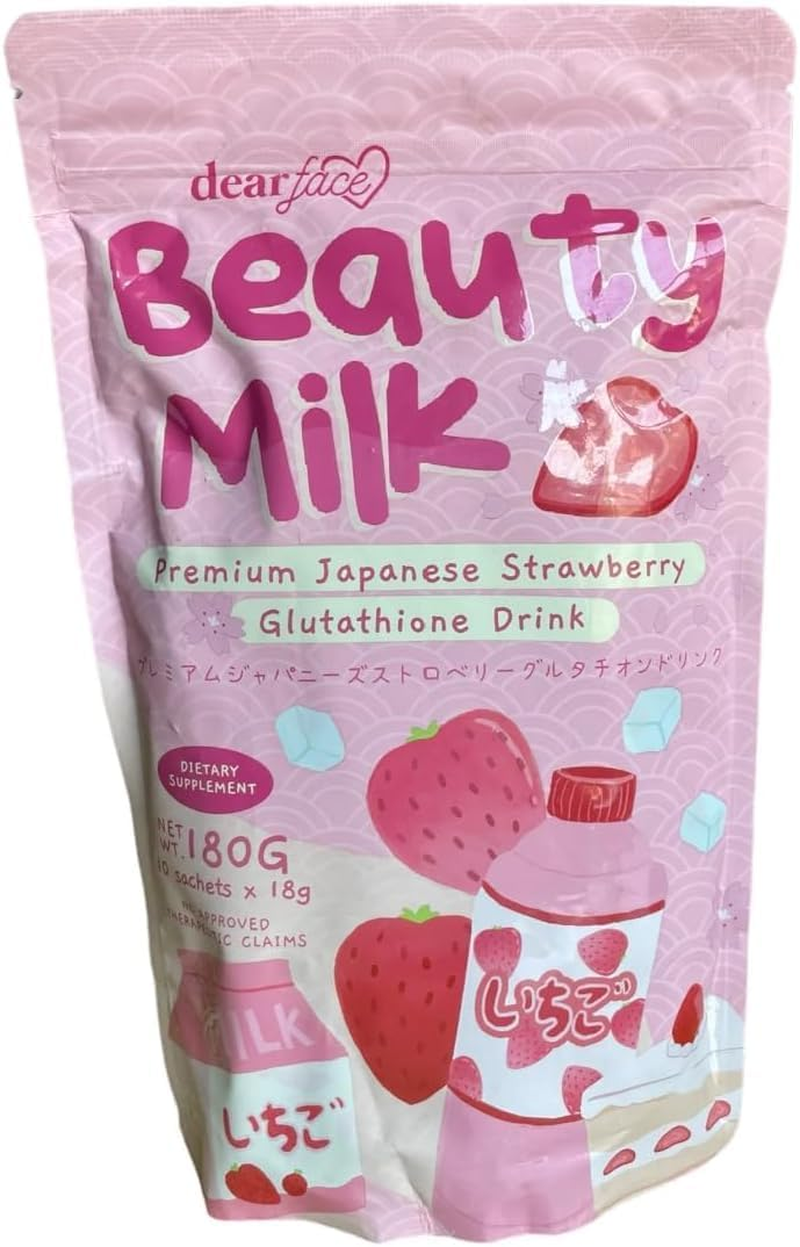 DEAR FACE Beauty Milk Japanese Collagen Strawberry Drink - 50,000Mg Hydrolyzed Collagen, 10 X 18G Sachets (Pack of 1)