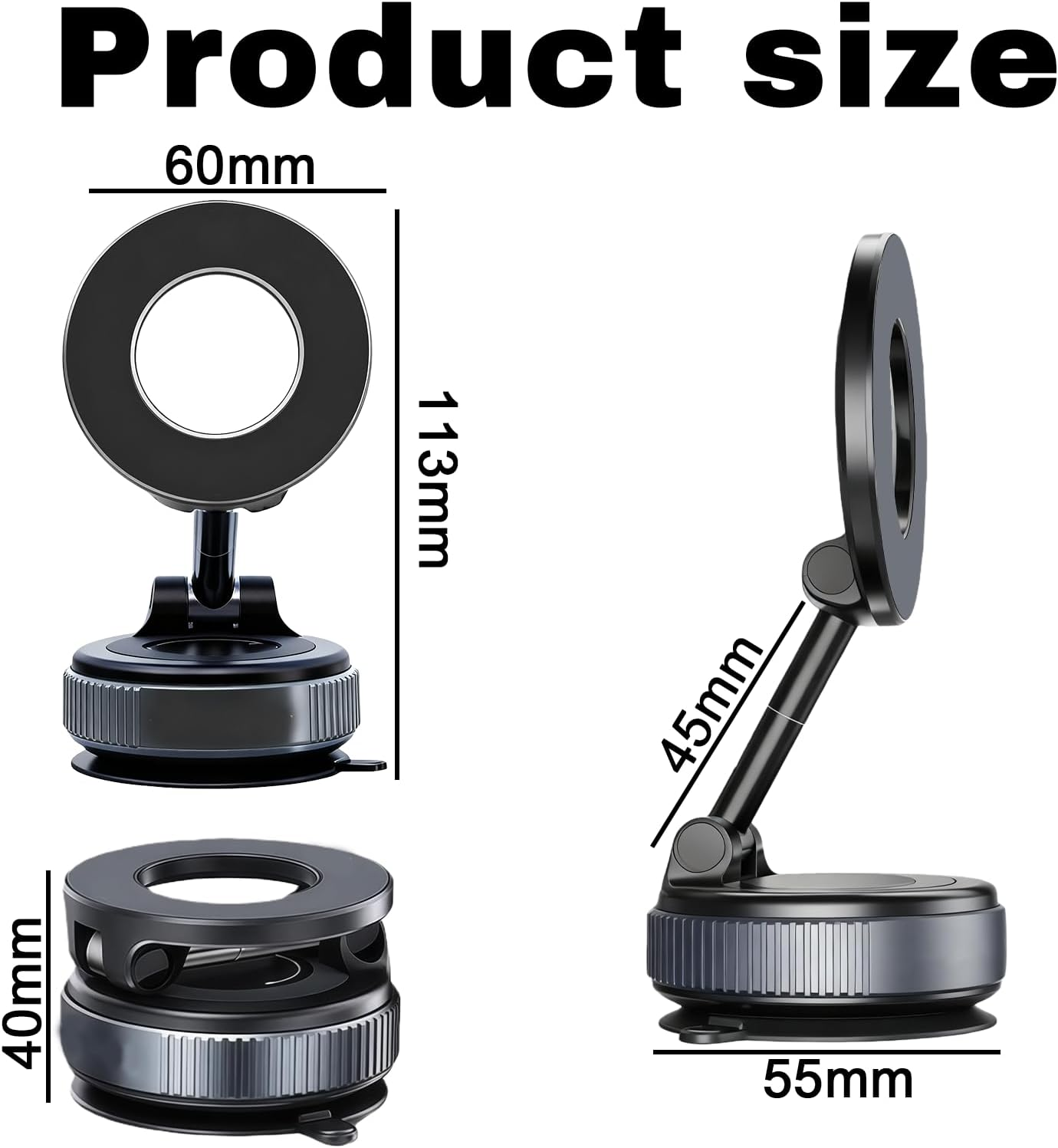 360&deg; Magnetic Car Phone Holder Mount - Super Strong Vacuum Suction, Foldable & Adjustable for Most Mobile Phones, Suitable for Dashboard/Windshield/Gym Use (Black) image number 1