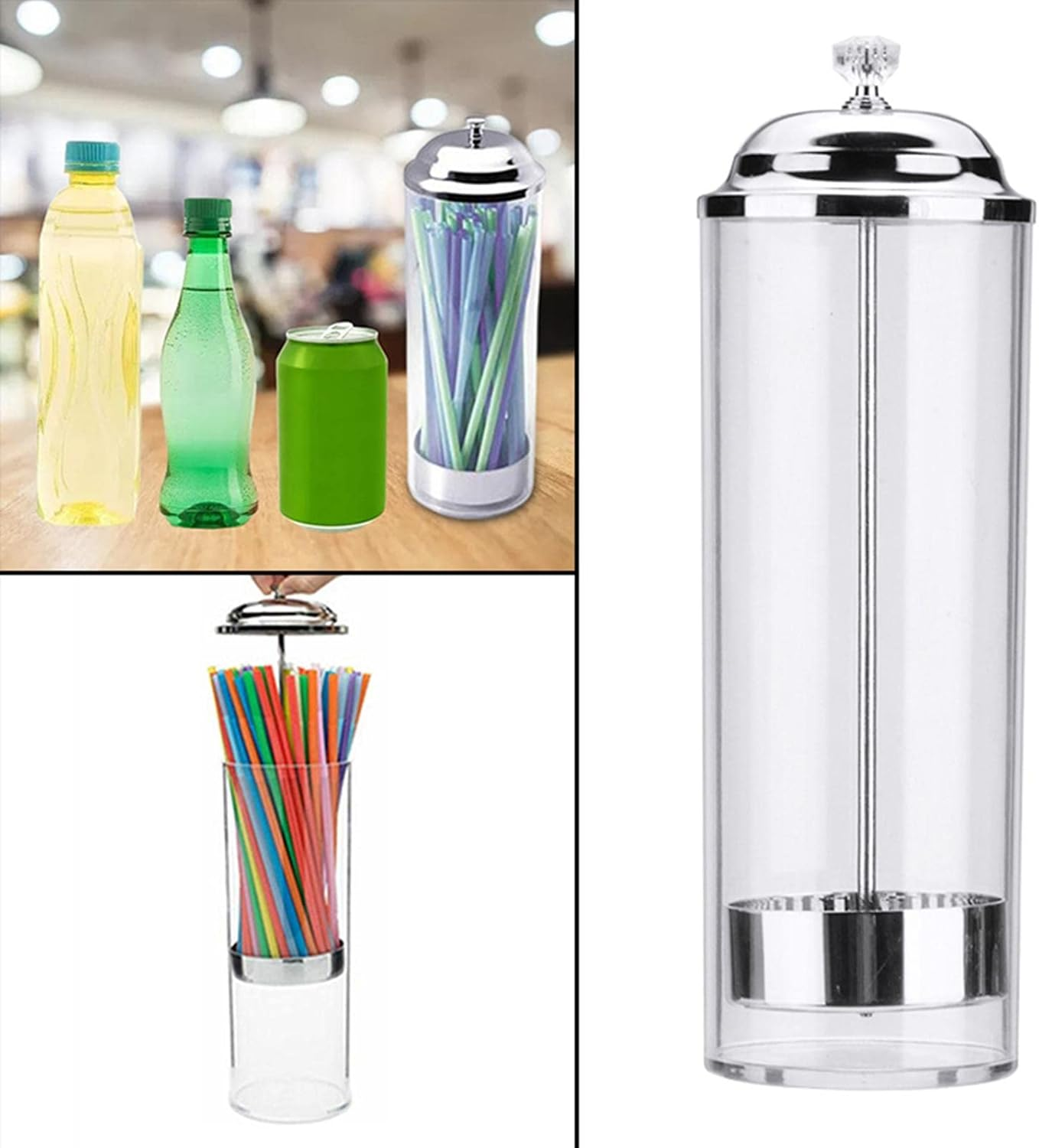 Plastic Straw Dispenser Container with Stainless Steel Lid Transparent Drinking Straw Holder Striped Plastic Straw Plastic Drinking Straw image number 3