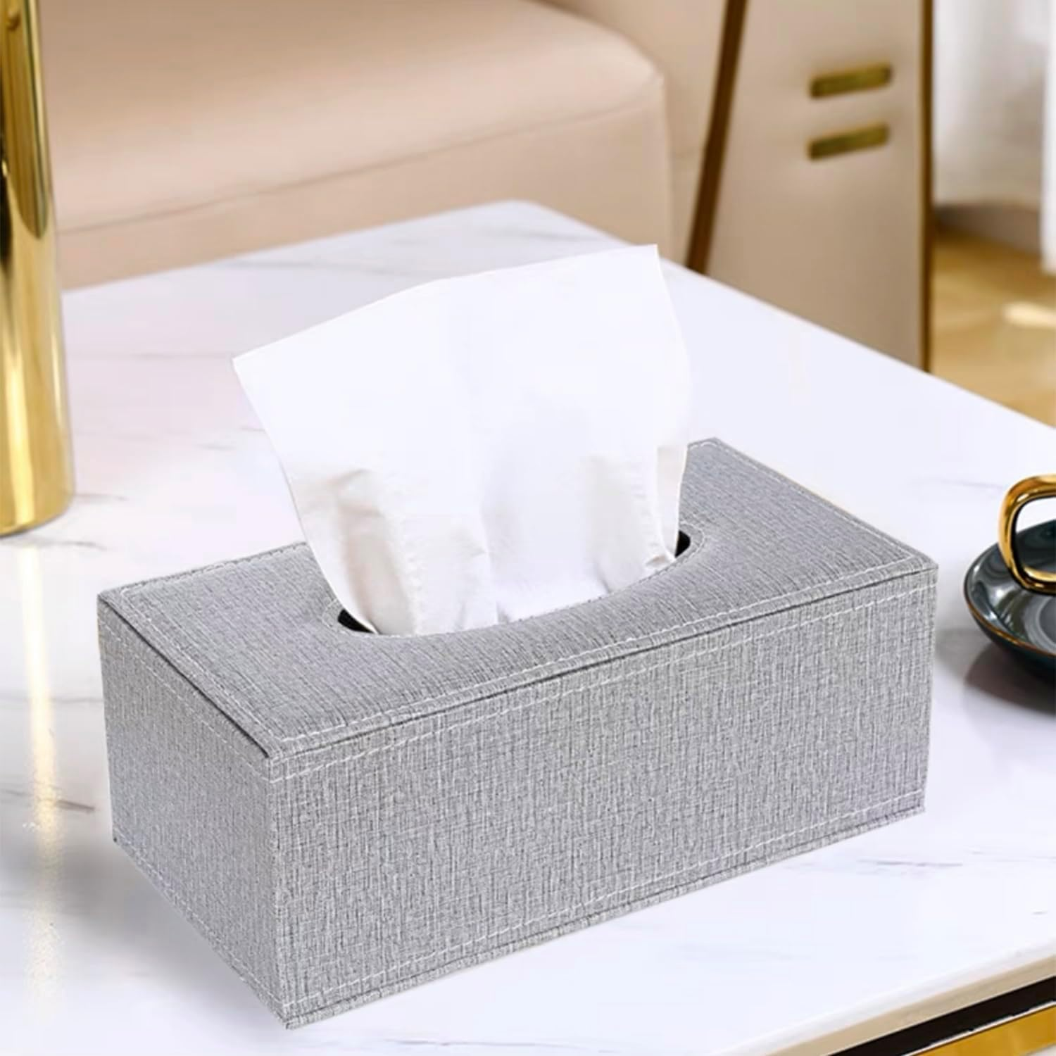 PU Leather Tissue Box Holder, Rectangular Napkin Holder Pumping Paper Case Dispenser, for Home/Office/Car Decoration (Grey) image number 5