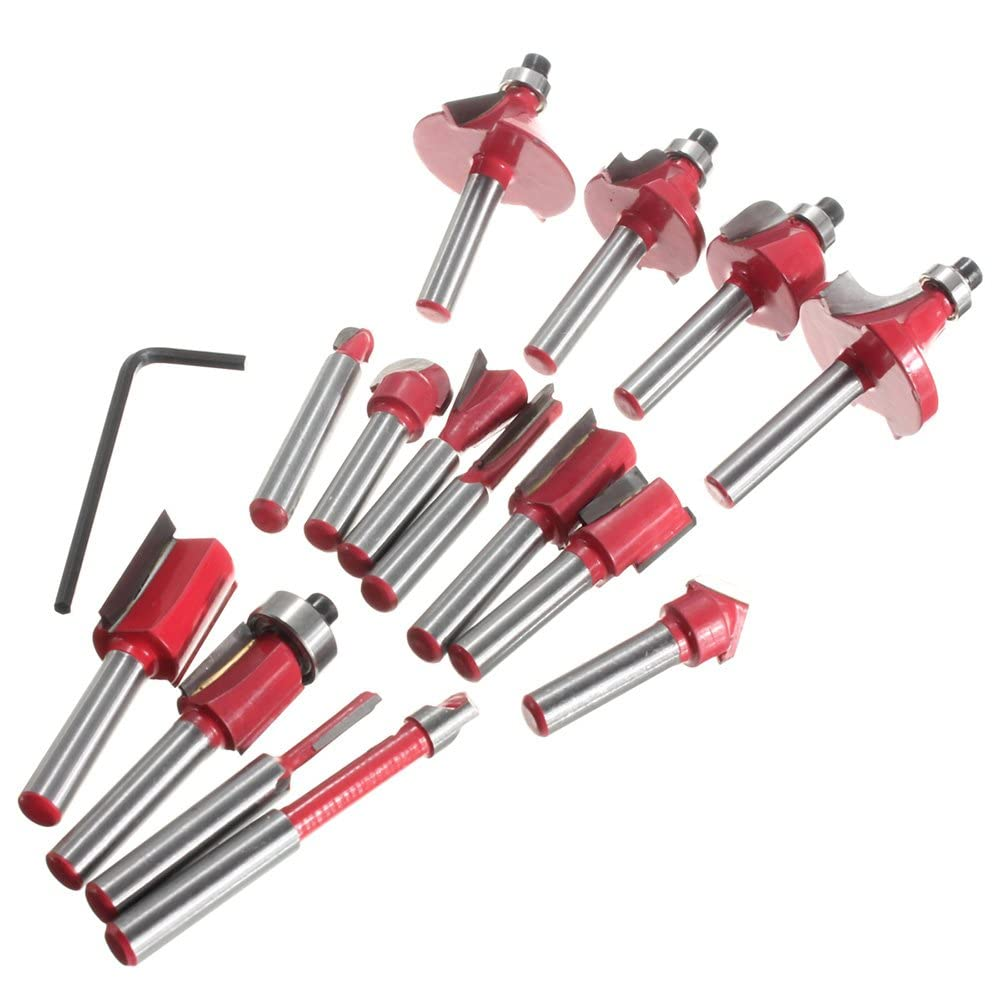 Yakamoz 15 Pieces 1/4 Inch Shank Tungsten Carbide Router Bit Set Woodworking Cutter Trimming Milling Bits Tool Kit for Home Improvement and Diy丨Red image number 5