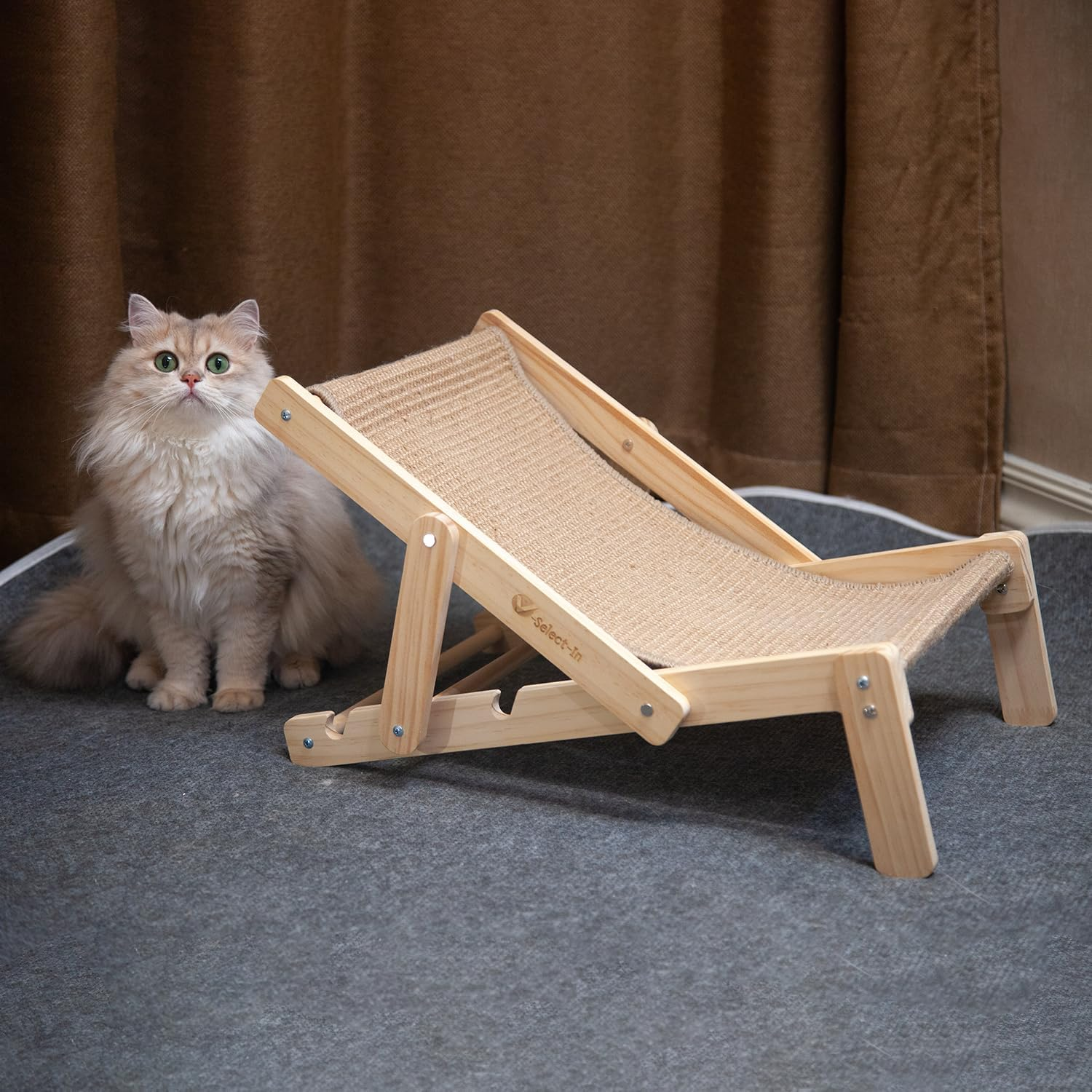 V-Select-In Cat Sisal Chair, Cat Hammock, Adjustable Cat Bed, Foldable Cat Lounger with Sisal Scratcher, Wooden Beach Cat Chair with Durable Scratching Mat, Cat Perch for Small Cats & Kittens. image number 1
