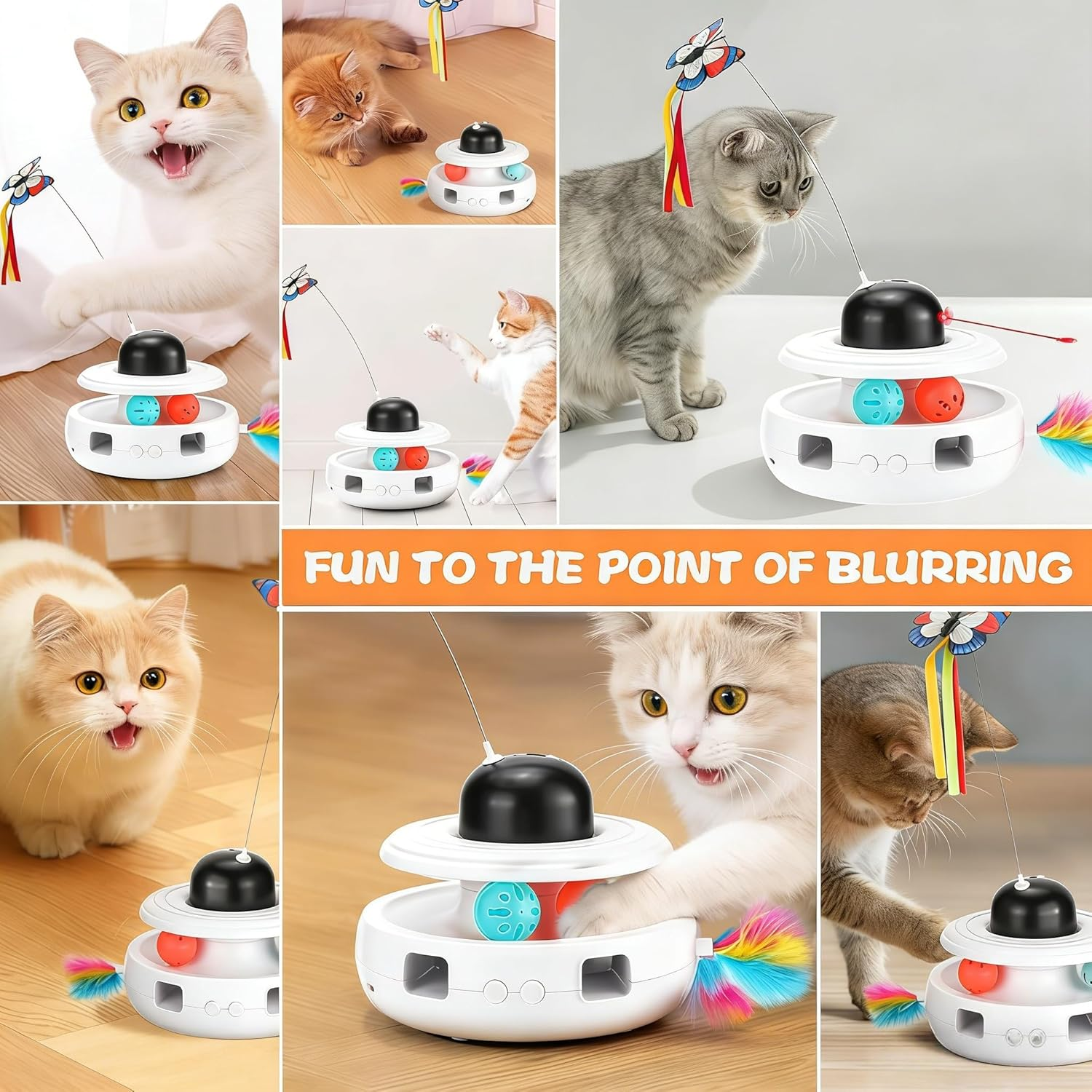 Interactive Cat Toys, 5-In-1 Indoor Automatic Cat Toy, Rechargeable, Safe, Silent,Intelligent Activation, Featuring Lights, Ball, Butterfly, Bird Sound, Feather, Rechargeable, Suitable for All Cat image number 4