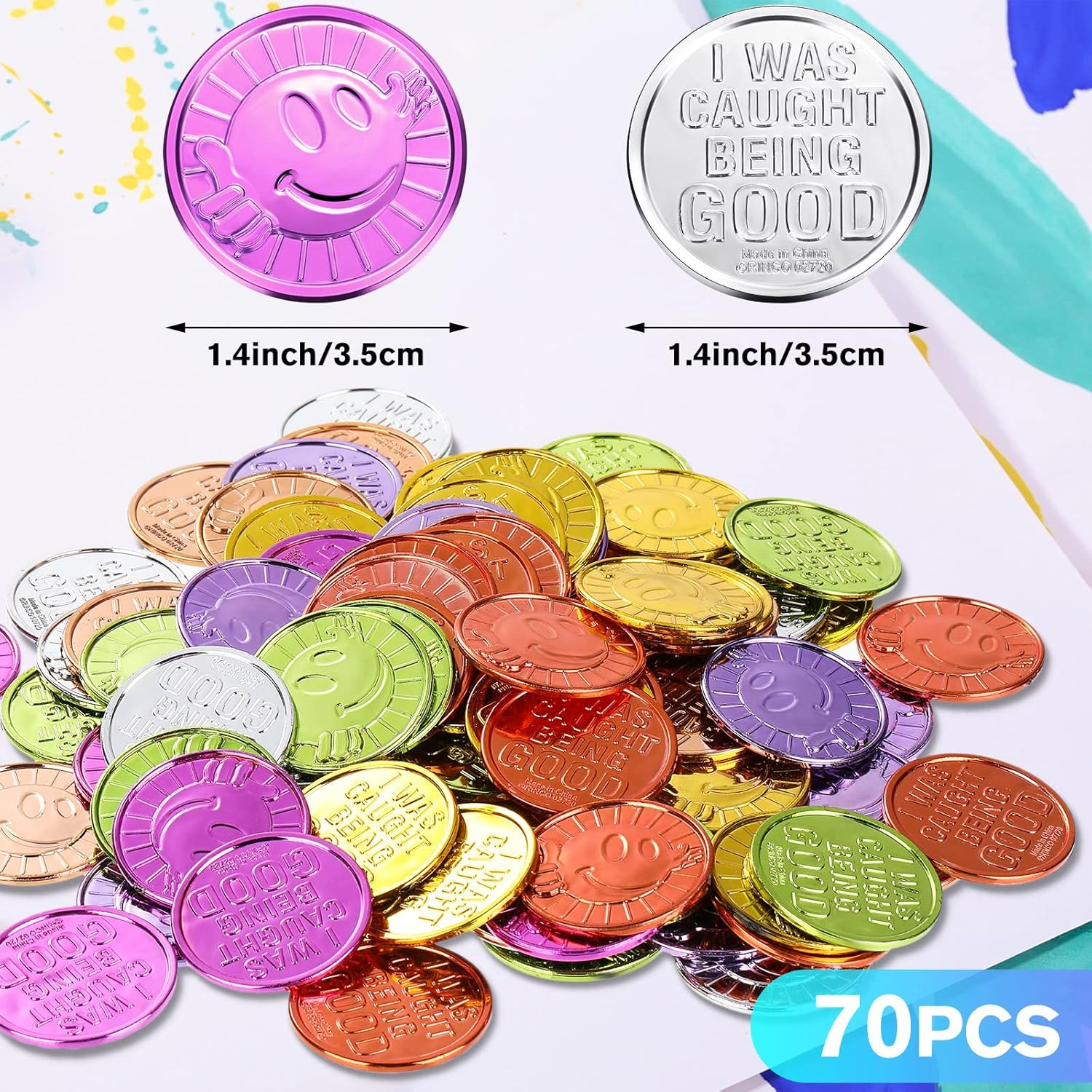 70 Pcs Caught Being Good Coins Tokens Colorful Plastic Reward Coins Smile Face Coins Pretend Play Coins Toy Incentive Coins with a Clear Box for School Teacher Rewards and Behavior Incentives image number 3