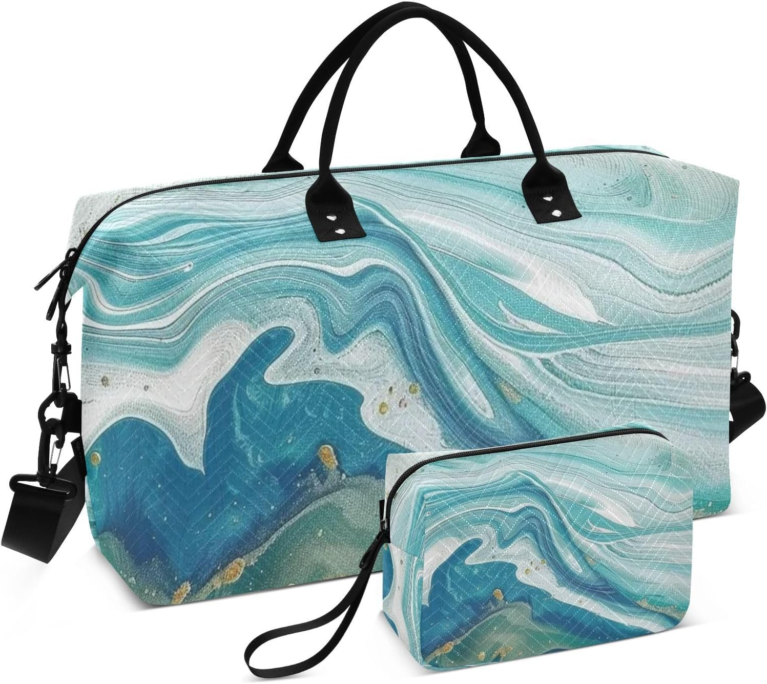 Blue-Green Marble Texture Travel Bag Overnight Bag Gym Sports Duffel Bags with Toiletry Bag for Gym Foldable, Blue-Green Marble Texture, 1 Size image number 2