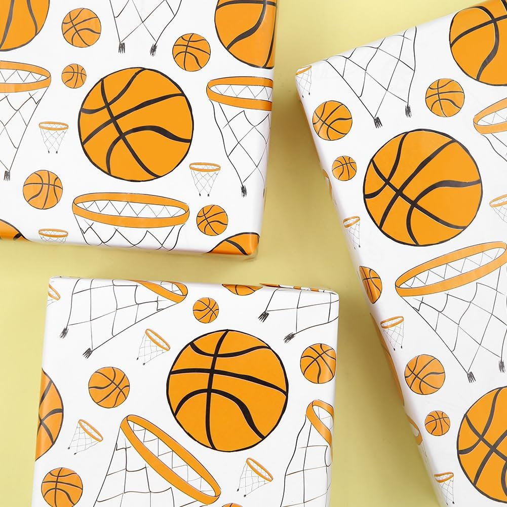 Basketball Wrapping Paper for Men Women, Large & Small Basketballs/Hoops Patterns on White Art Paper - Sports Theme Design for Basketball Player Kids Boys Girls Birthday Party Match Gift Wrap Paper image number 4