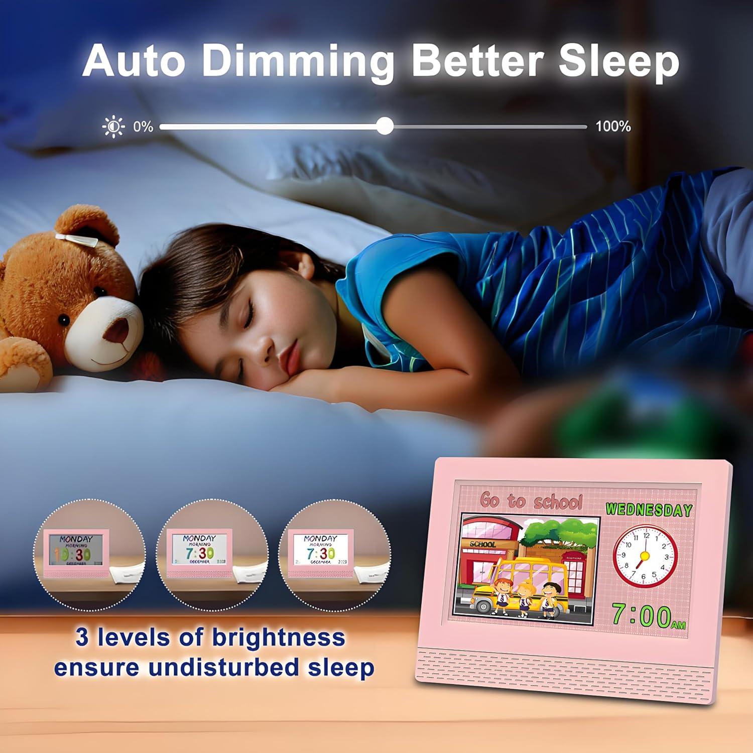 Kids Alarm Clock Colorful, 7 Inch LED Display Eye-Caring Digital Alarm Clock for Girls Boys Bedroom Decor, Children'S Sleep Trainer Bedside Clock, 17 Alarm Clock Setting Easy to Use Kids Birthday Gift image number 6