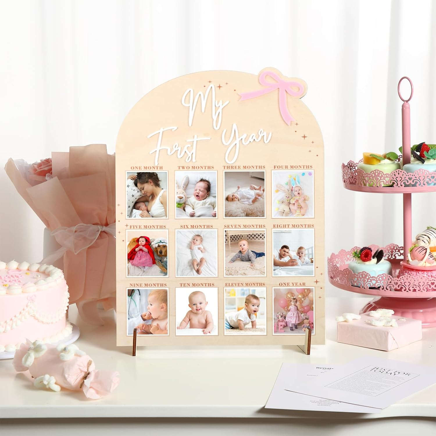 Weysat Pink Bow My First Year Photo Board, Wood 3D Coquette One Year of Photo 12 Months Monthly Milestone Board Picture Display Frame 1St Birthday Decorations Gift Bow Nursery Decor