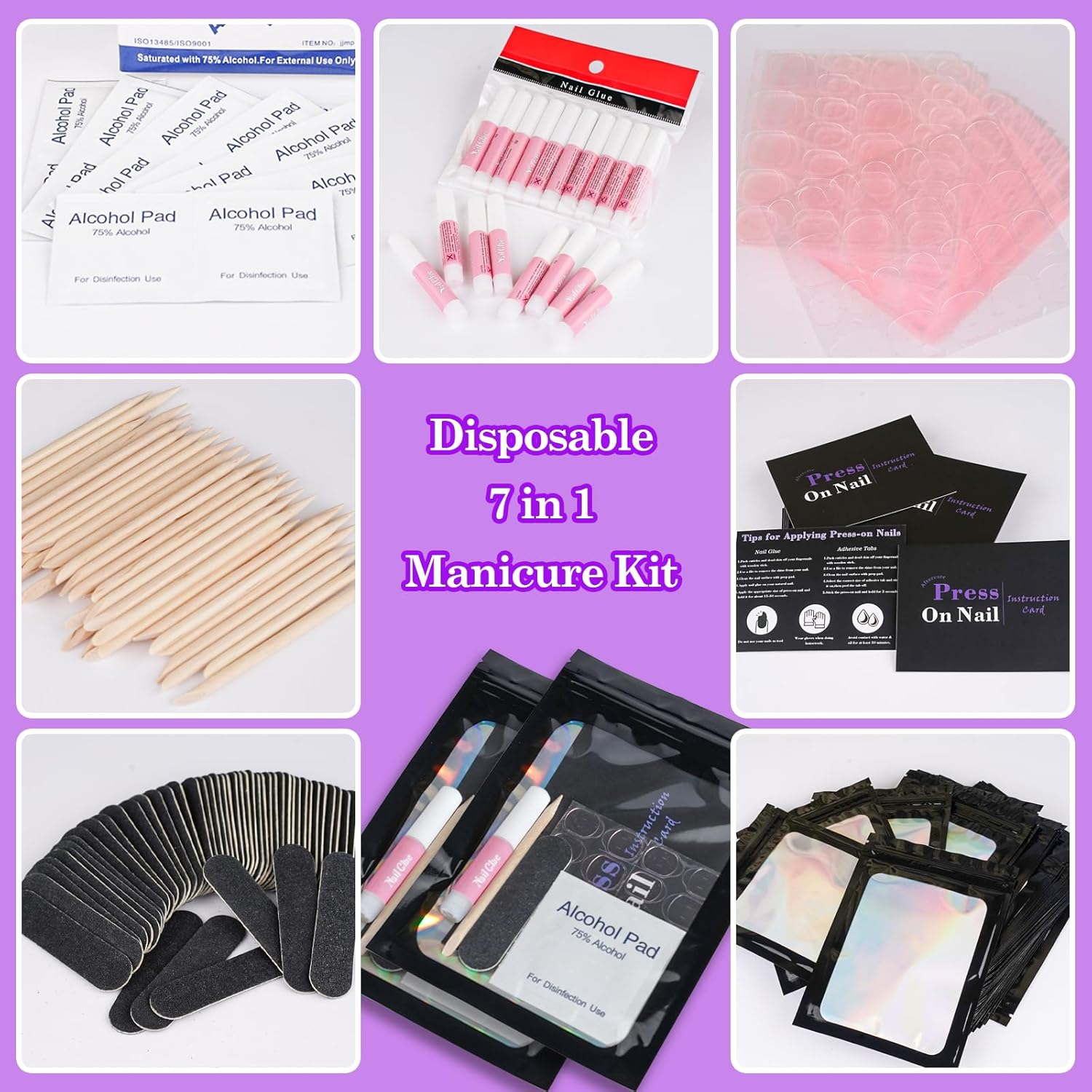 Disposable Nail Supplies Kits,Professional Manicure Press on Nail Tool Kit with Nail File,Adhesive Tabs,Nail Glue,Sticks, Prep Pads,Bags,Cards for Nail Business(Black-140Pcs20Set)