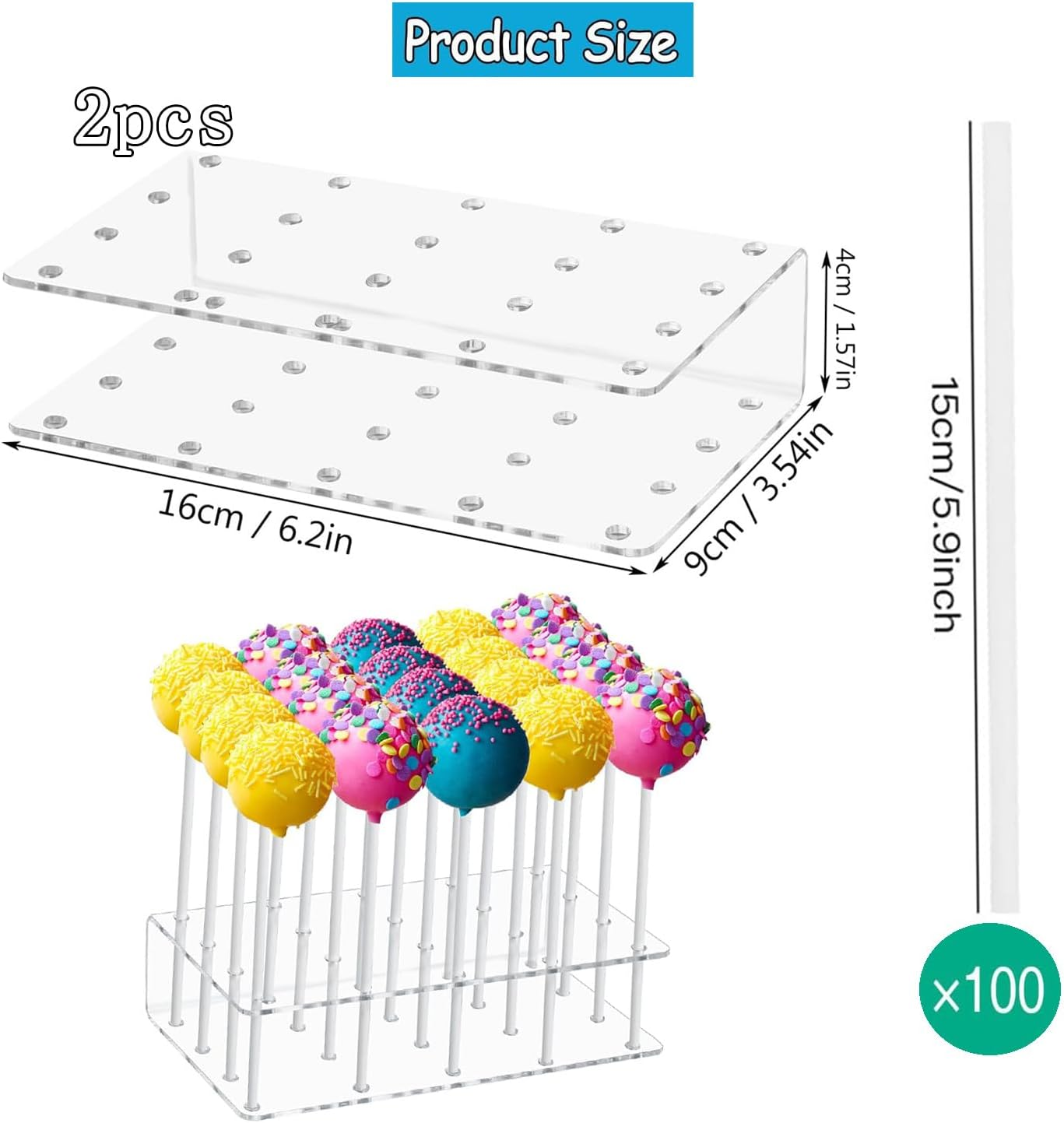 Yharnamite 2 Pcs Acrylic Lollipop Holder, 20 Hole Cake Pops Display Stand with 100 Lollipop Paper Sticks, Clear Lollipop Candy Holder Display Stand Tools for Weddings, Birthday, Party image number 5