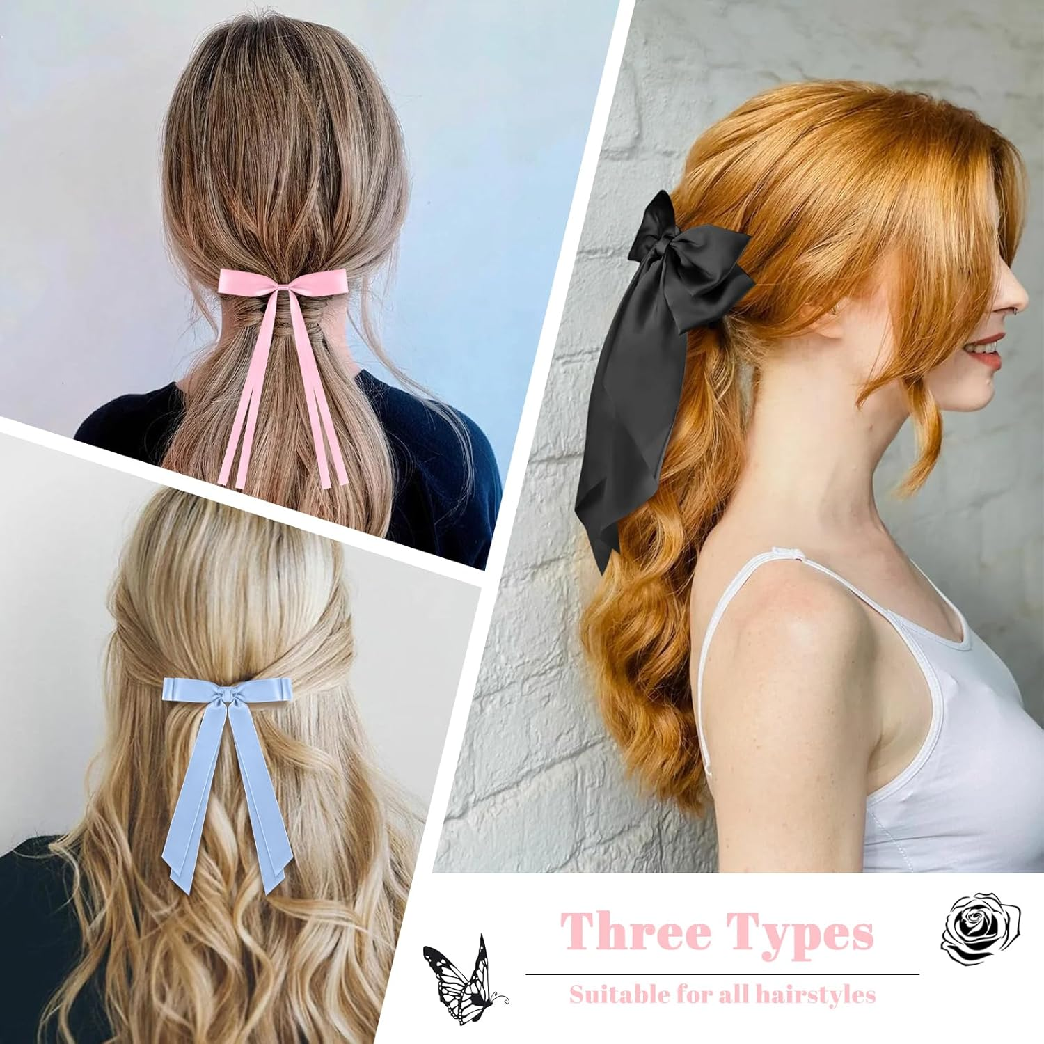 OT-NVWOZR Pack of 12 Hair Clips Bow for Women, Satin Hair Bows with Long Tail, 3 Styles Silky Bows Hair Clips Metal Girls Hair Accessories Women image number 6