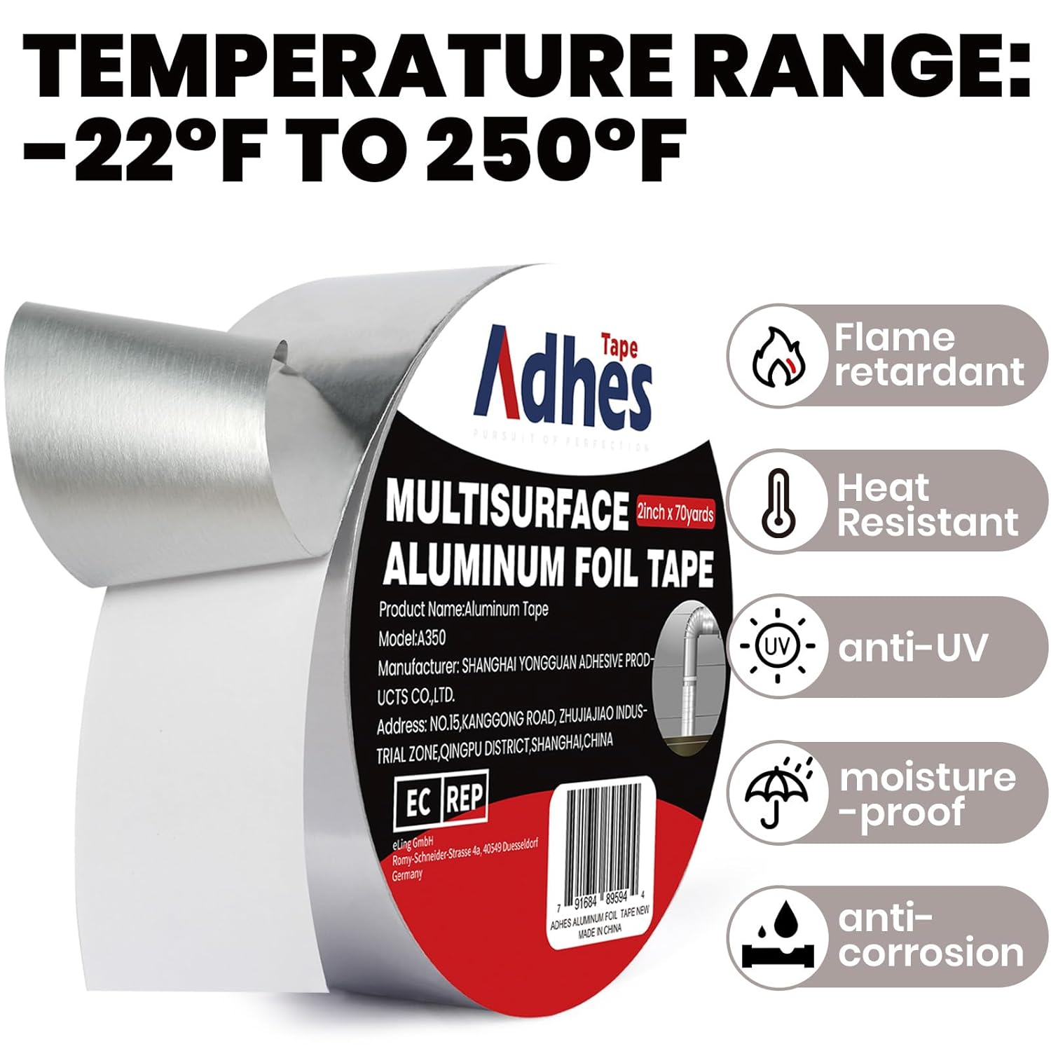 ADHES Aluminum Foil Tape 100Mm X 64M, Heat Reflective Tape 4" X 210Feet Metal Duct Tape Heat Resistant Tape Insulation Heat Shield for Insulation, Dryer Vent, Ductwork, HVAC, Air Ducts, Exhaust Hose image number 4