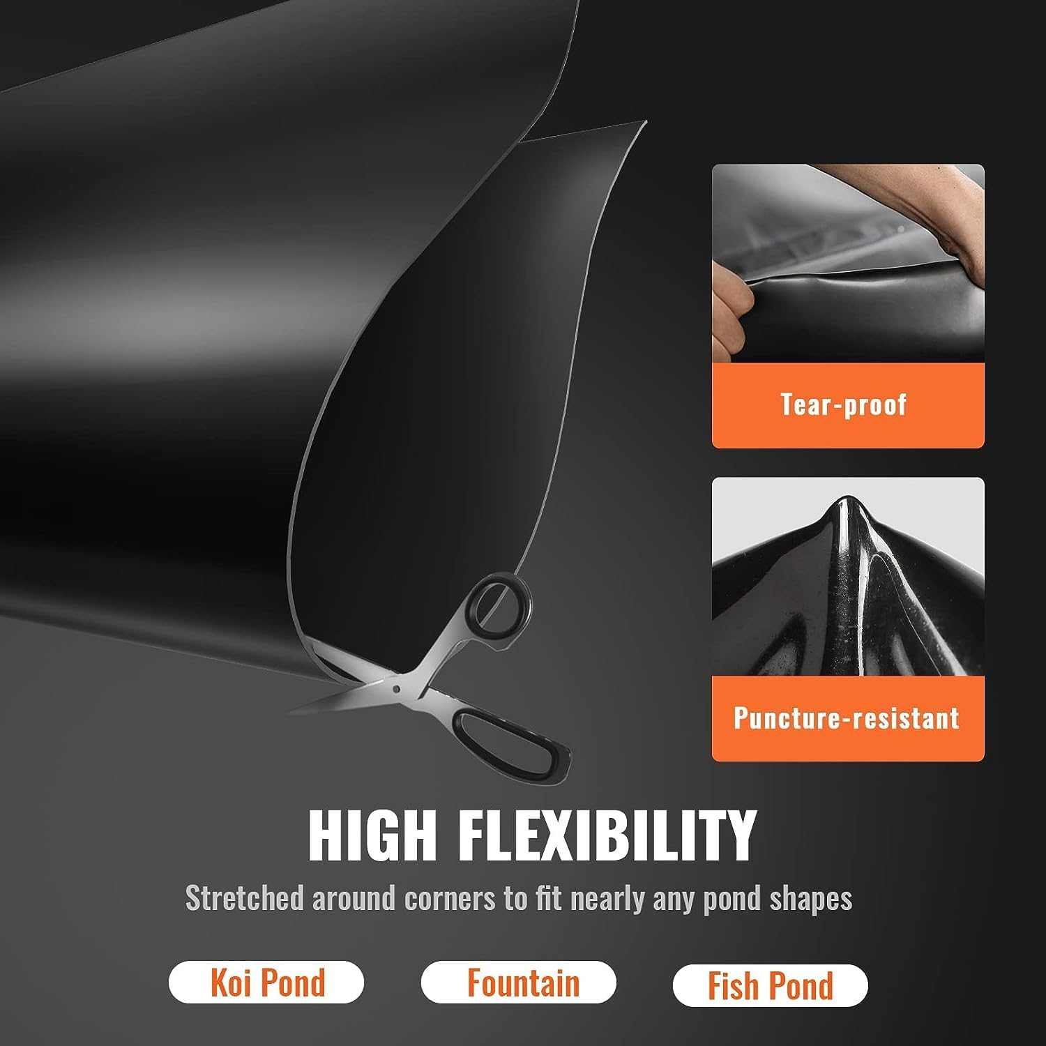 VEVOR 10 X 15 Ft Pond Liner, 45 Mil Thickness, Pliable & Durable EPDM Material, Easy Cutting Underlayment for Fish or Koi,Waterfall, Fountains, Water Gardens, Black image number 6