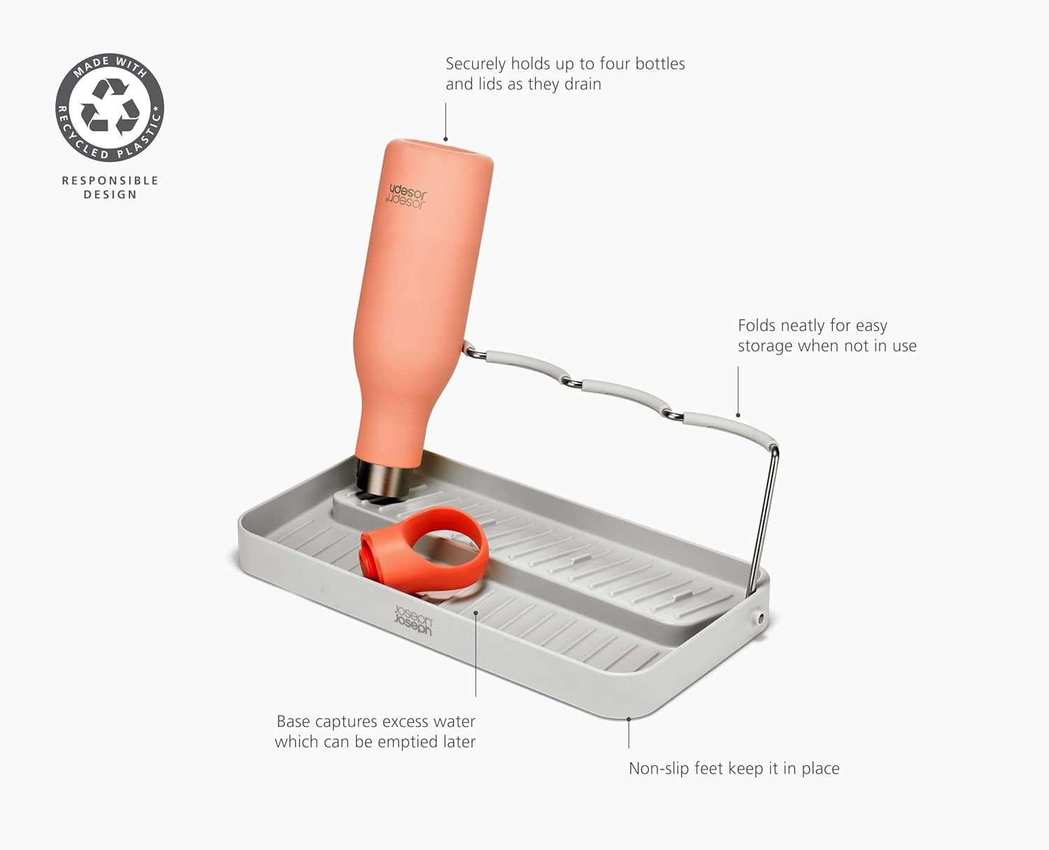 Joseph Joseph Drysmart Folding Water Bottle Drying Rack, Space Saving Draining Board Organiser, Recycled Plastic image number 2