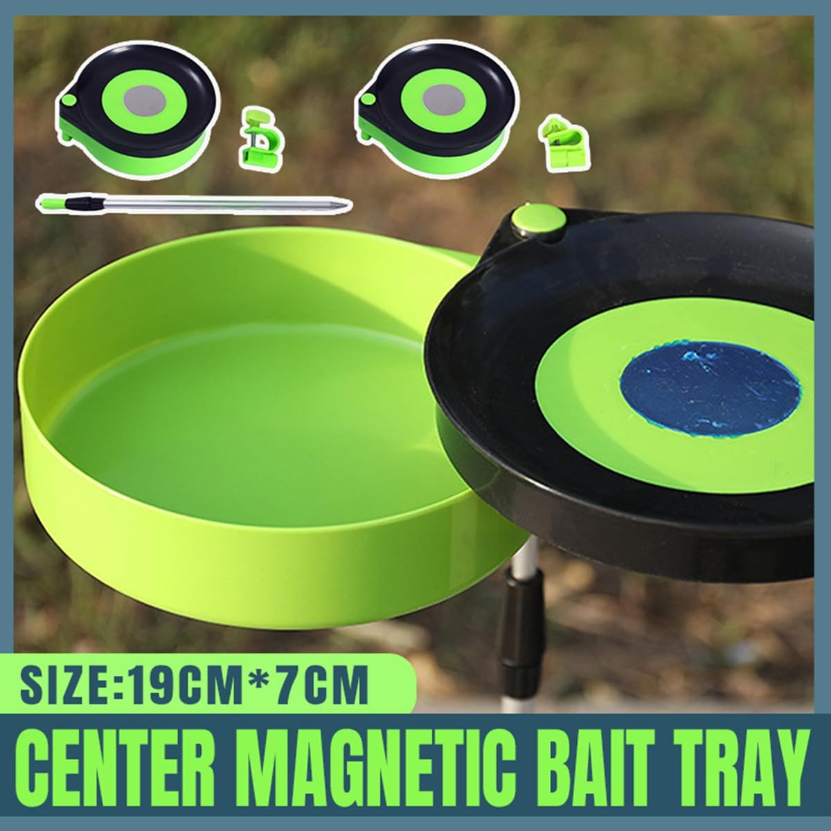 AIMALL Magnetic Bait Tray with Rotating Cover, 7.5-Inch Centre Fishing Tackle Box Feeder Holder for Carp Angling, Clamp and Ground Rod Included - With Clip image number 3