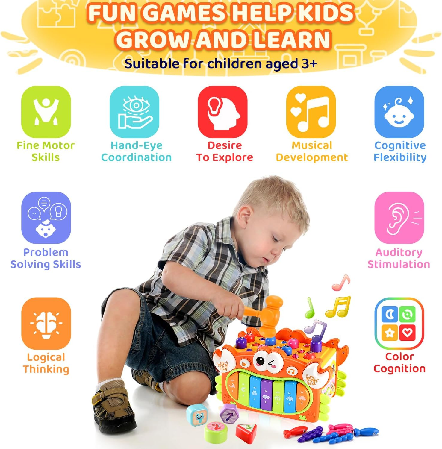 15 in 1 Crab Activity Cube Toy, Hammering Pounding Toys with Music Lights, Montessori Educational Learning Toys for 3 Years Old Girl Birthday (Orange) image number 4