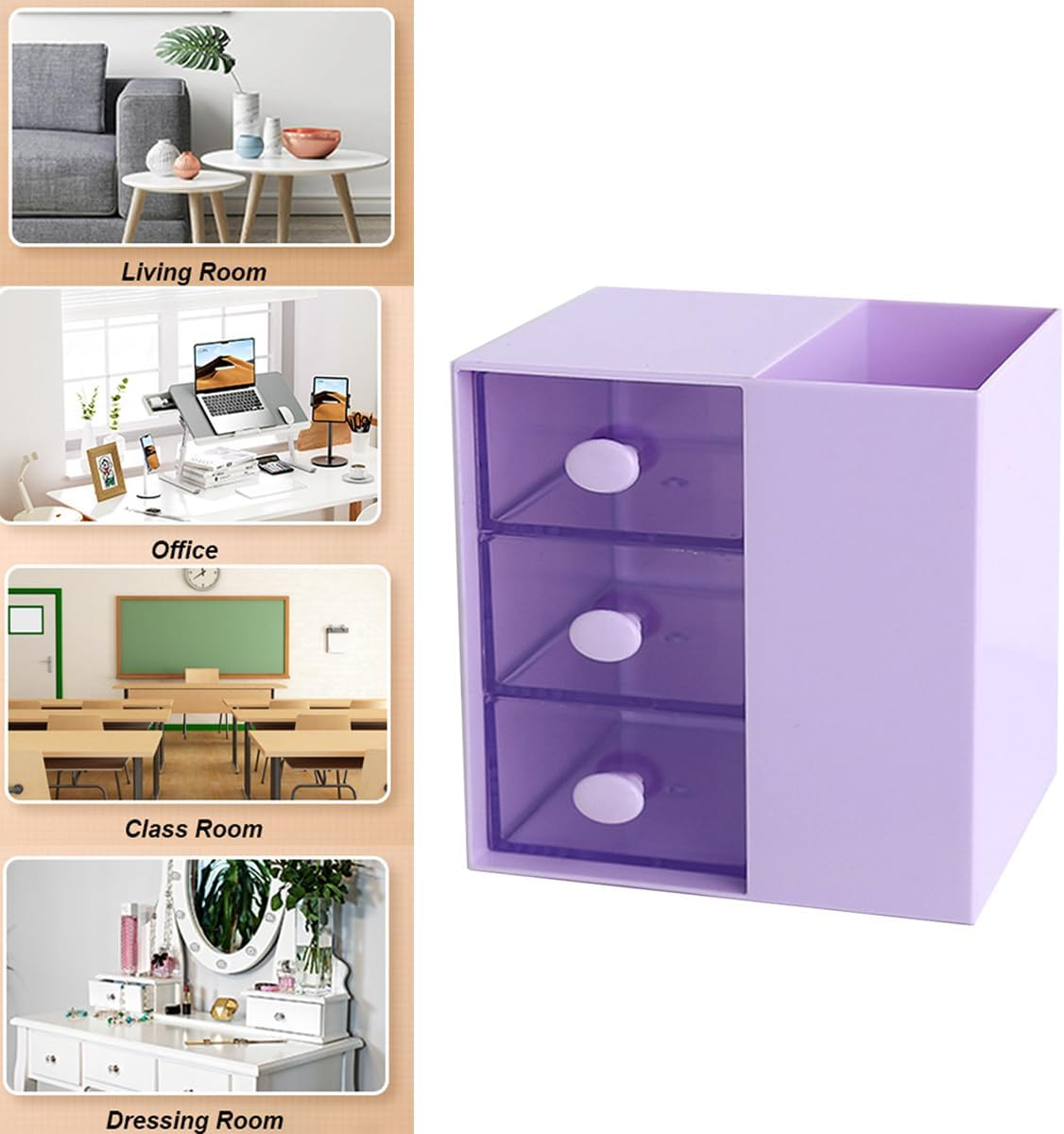 AIMALL 3-Drawer Pen Organizer, Multi-Purpose Purple Storage Box, Plastic Cosmetic & Office Supplies Holder, Versatile Desk Organization for Home, Office, Classroom &ndash; 4.64In X 3.93In image number 5