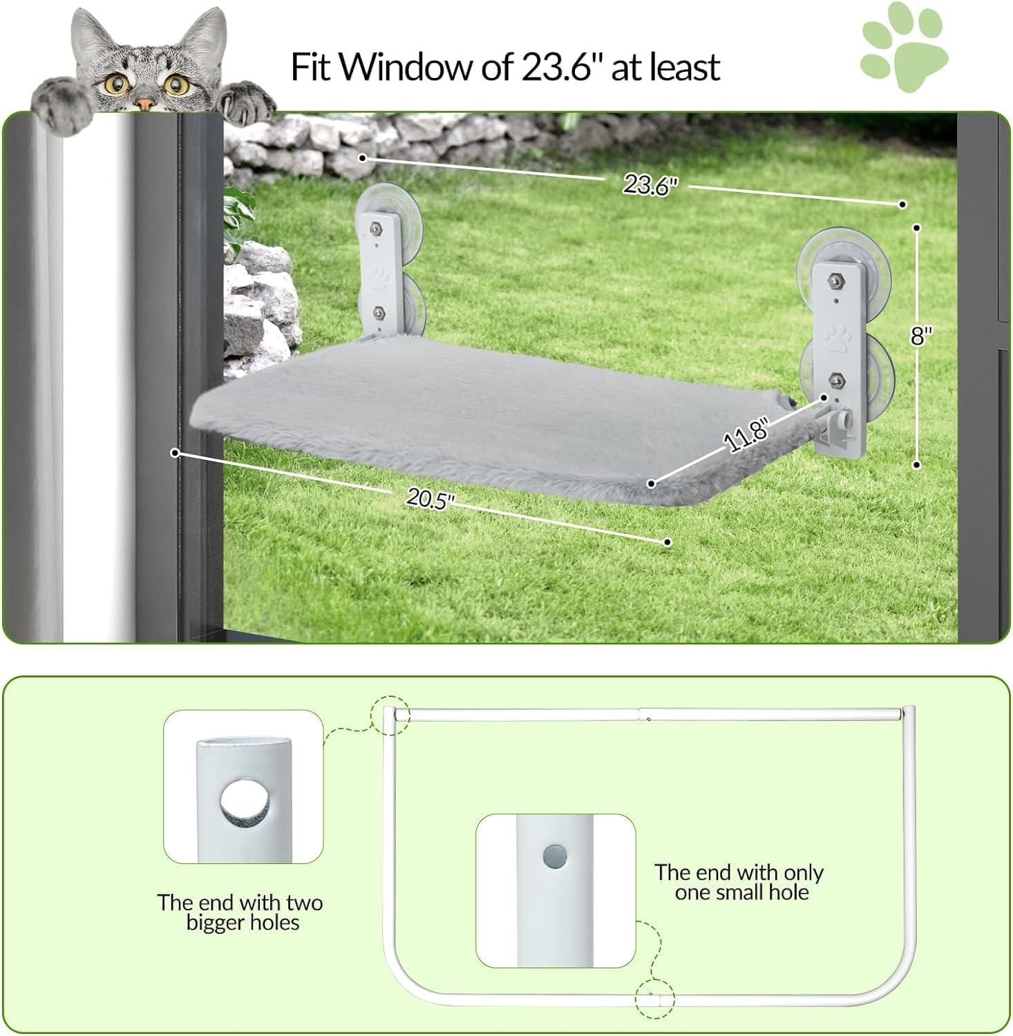 Cordless Cat Window Perch,Foldable Cat Window Hammock with 4 Suction Cups,Reversible Cover with Two Different Kinds of Fabrics,Solid Metal Frame Cat Bed for Cats Inside,Grey image number 5