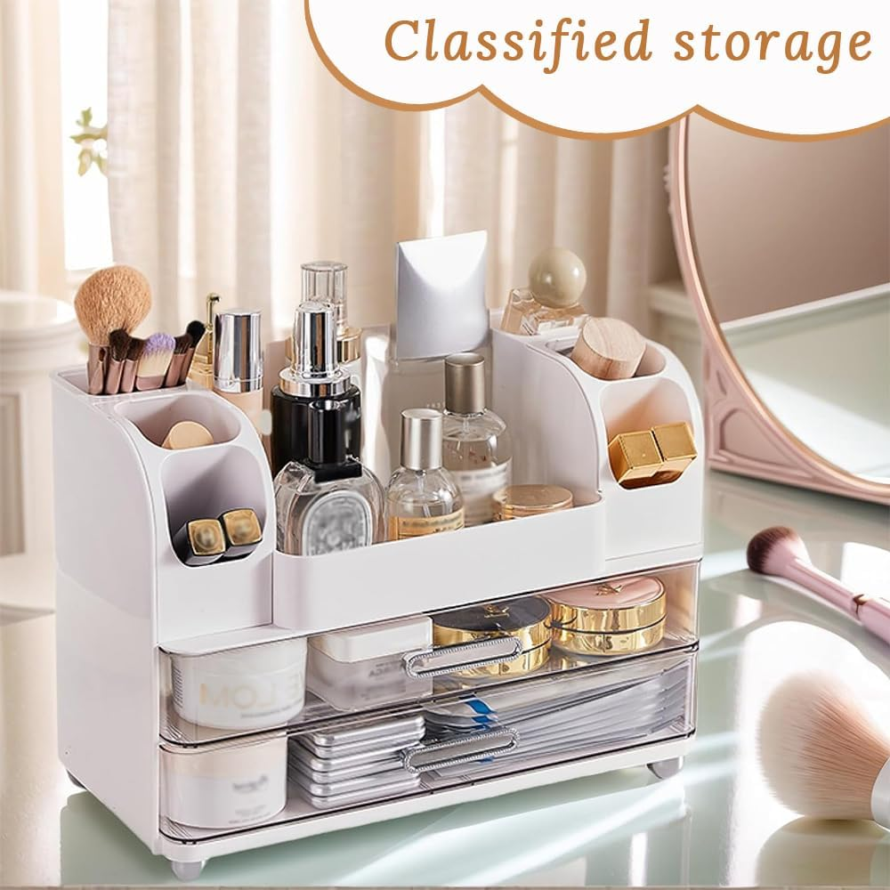 Dressing Table Cosmetic Storage Box with Two Large Drawers for Lotions, Lipsticks, Perfumes, Etc. Suitable for Bathroom, Makeup Table, Office, Bedroom (White) image number 3