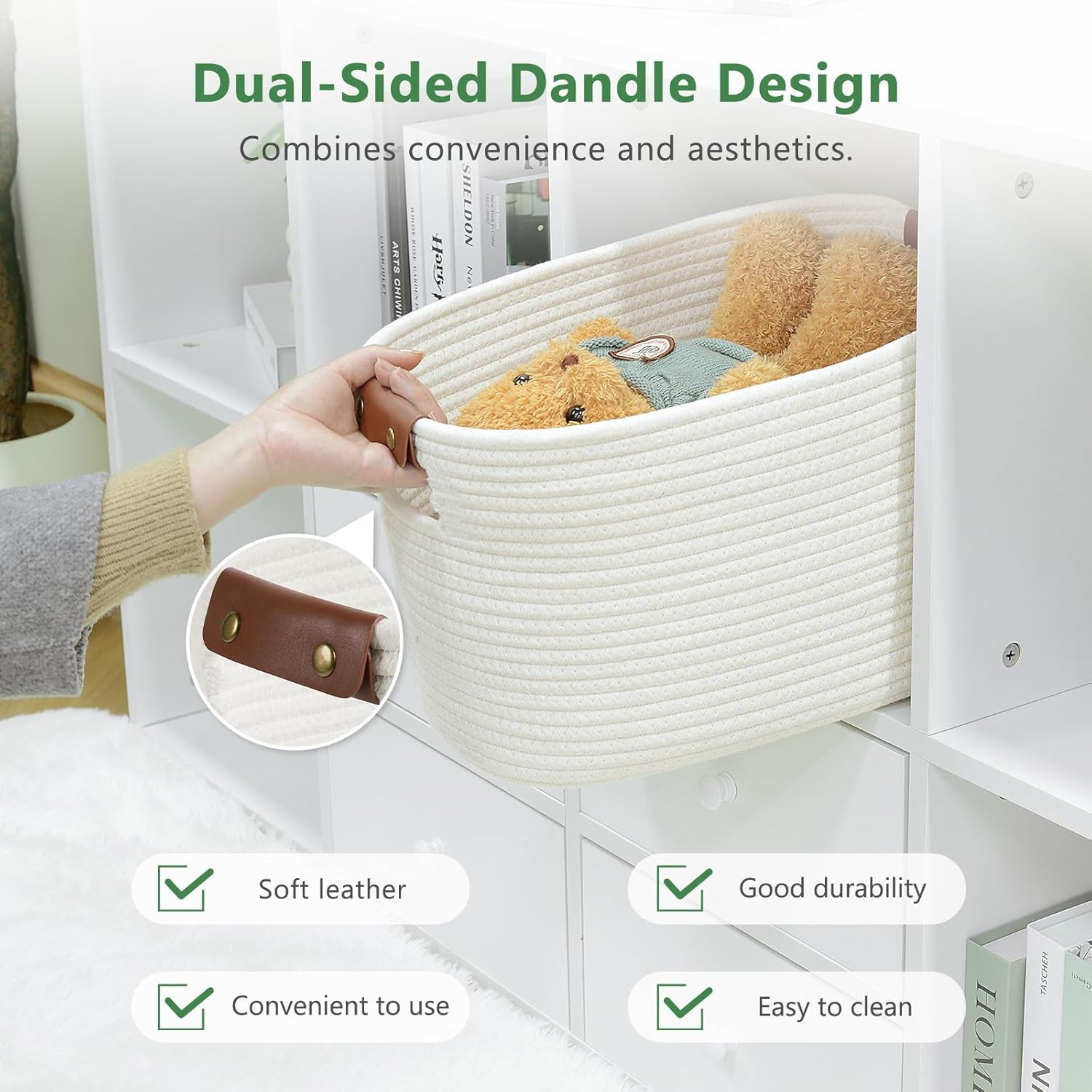 Cotton Rope Basket , Storage Baskets with Handle, 15X10X9 Inch Woven Basket for Shelves, Laundry, Towels, Clothes, Books, Toys (White, 3 Pack) image number 4