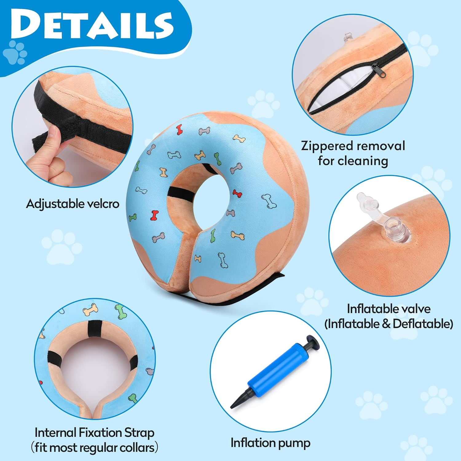 Inflatable Recovery Dog Cone, Protection Dount Collar for Small Medium Large Dogs, Adjustable Soft E-Collar for Dogs and Cats after Surgery, Cute Dog Bone Pattern (Blue, Small) image number 6