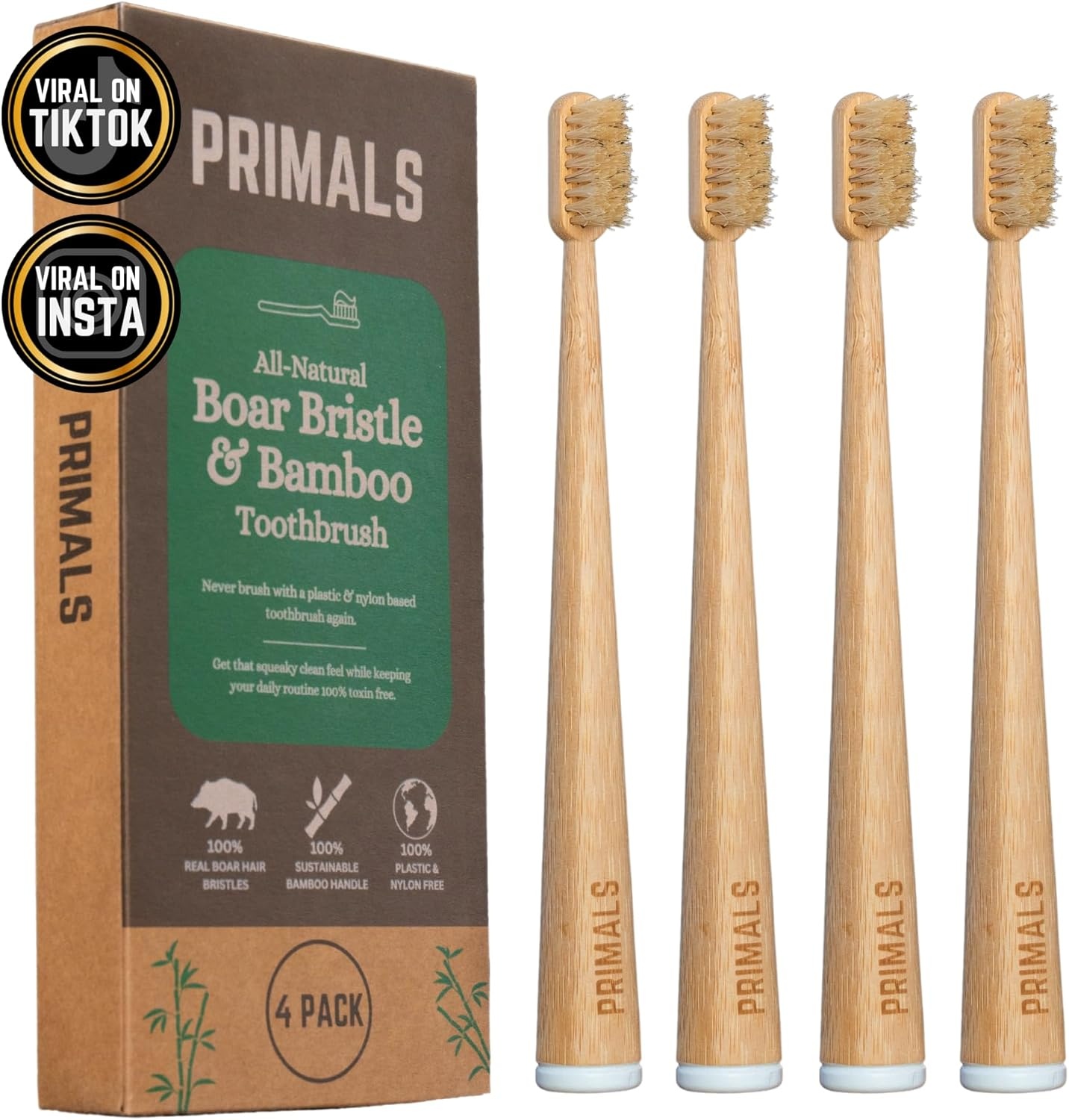 PRIMALS Boar Bristle & Bamboo Toothbrush (4-Pack) - 100% Real Boar Bristles - Plastic & Nylon Free image number 5