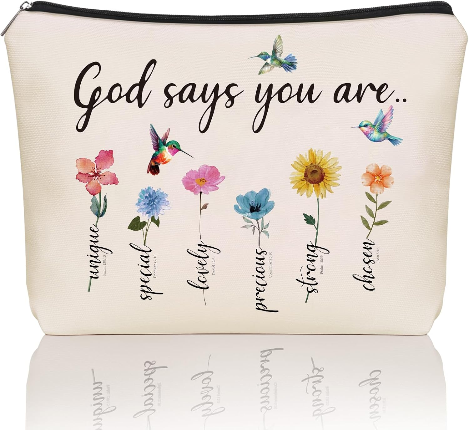 Girlly God Says You Are Scripture Makeup Bag Christian Valentines Day Gift: Inspirational Bible Verse Cosmetic Bag, Affirmations & Encouragement Gifts, Flower Bird Themd Birthday Gifts for Women Girls image number 1