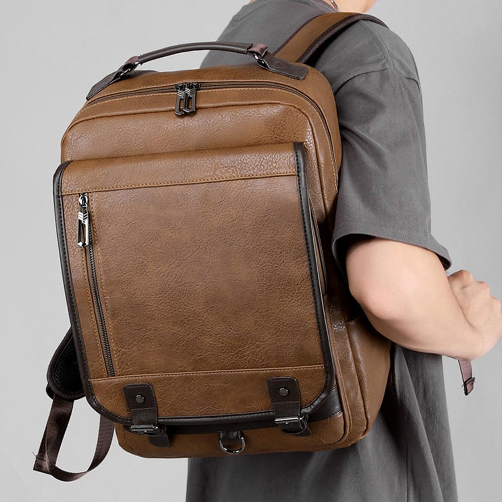 Men'S Vintage PU Leather Backpack 15.6" Laptop Bag Large Capacity Business Travel Hiking Shoulder Daypacks Brown image number 5