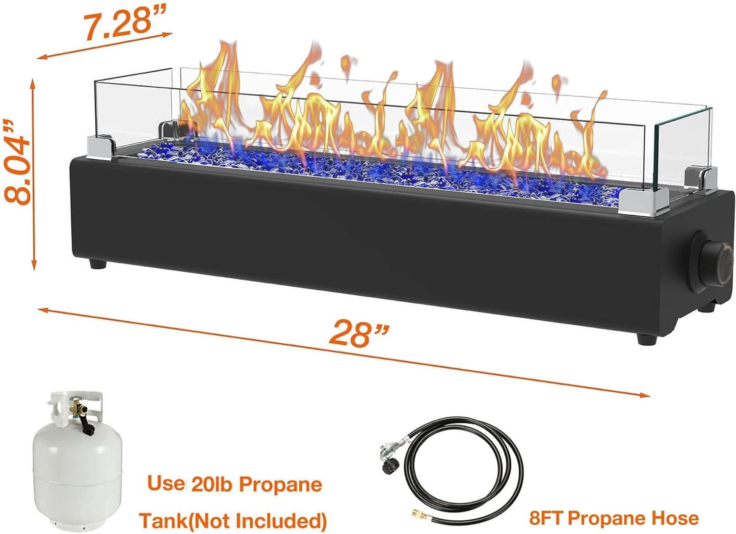 28-Inch Table Top Propane Fire Pit, 40,000 BTU Tabletop Firepit for Patio, Outdoor Portable Rectangular Fire Bowl W/Wind Glass Shield, Glass Rocks - Black image number 5