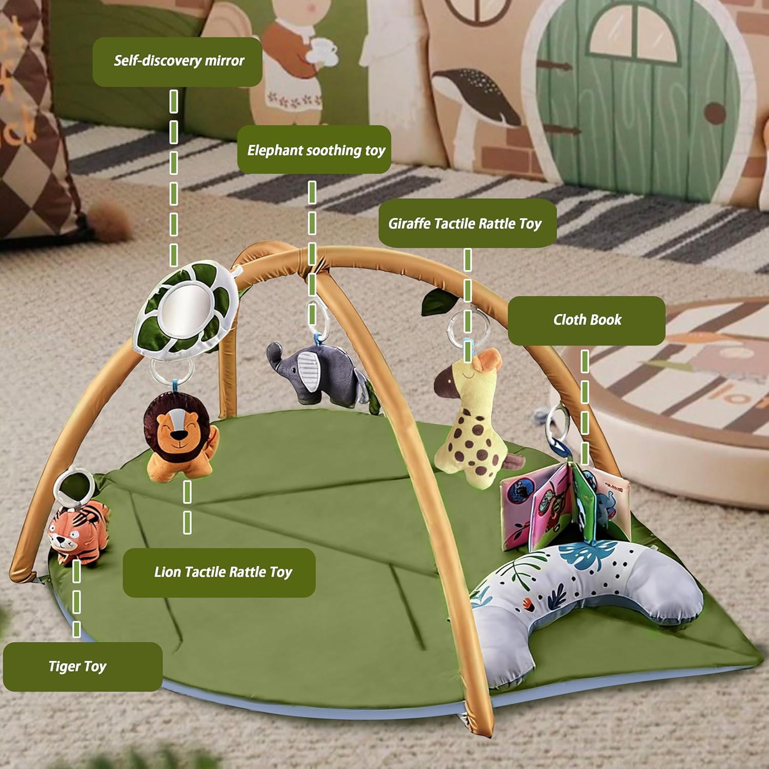 Baby Play Mat, Extra Large Leaf Shaped Tummy Time Mat with 7 Detachable Toys for Newborn Infant Motor Skills & Sensory Development, Ideal & Newborn Essentials image number 2