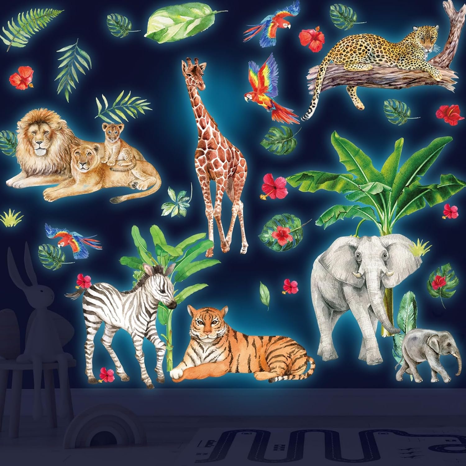 Glow in the Dark Jungle Animals Wall Decals,Glowing Luminous Safari Animals Wall Stickers Removable Self-Adhesive Forest Tiger Elephant Palm Trees Decals for Boys Girls Bedroom Kids Nursery Decoration - Dinosaur image number 7