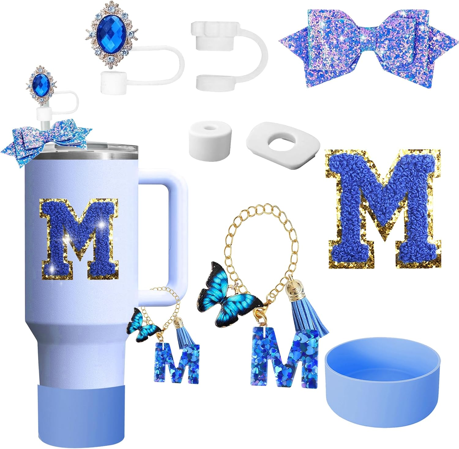 8-Piece Charms Silicone Stanley Cup Accessories Set Including Adorable Sparkling Bow Straw Topper, Protective Cup Boots, Anti-Spill Plugs, Decorative Handle, and Personalized Initial Stickers (S)