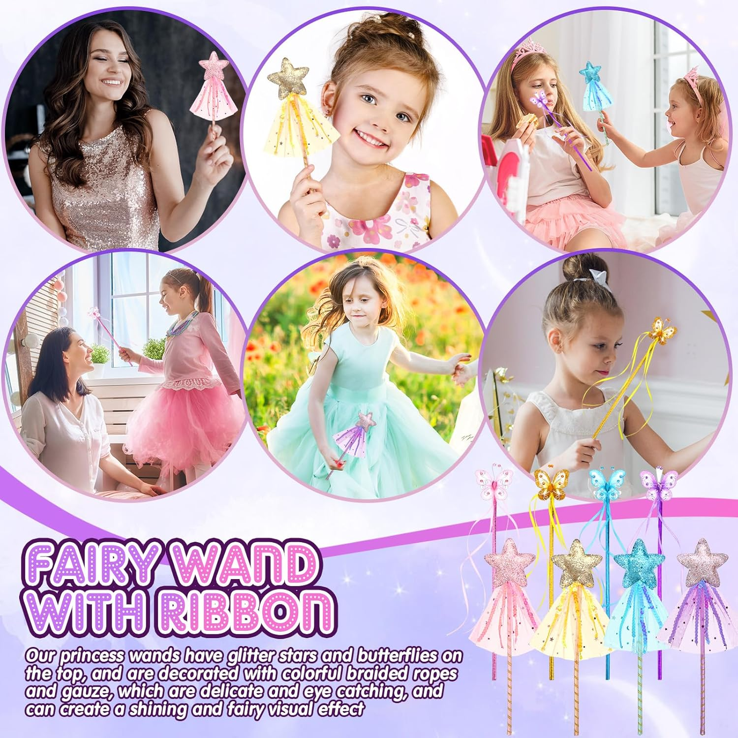 Janinka 24 Pack Glitter Princess Wand Kit for Kids Glitter Magic Dress up Wand Fairy Wand with Ribbon for Birthday Wedding Princess Dress up Role Play Party Supply Favor(Star,Butterfly) image number 2