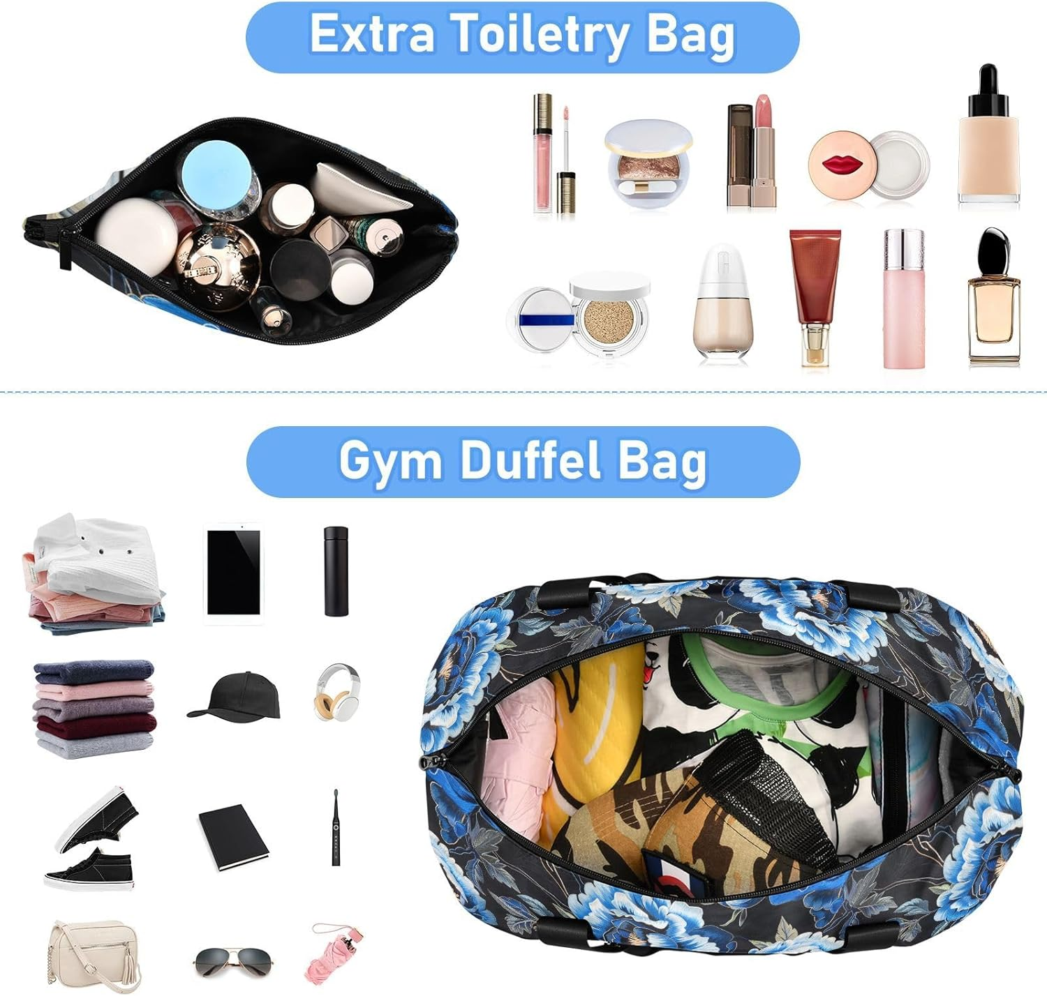 Black with Blue Peony Embroidery Personal Item Travel Bags Travel Weekender Gear Bag Tote Bag with Toiletry Bag for Airplane Traveling Foldable, Black with Blue Peony Embroidery, 1 Size image number 6