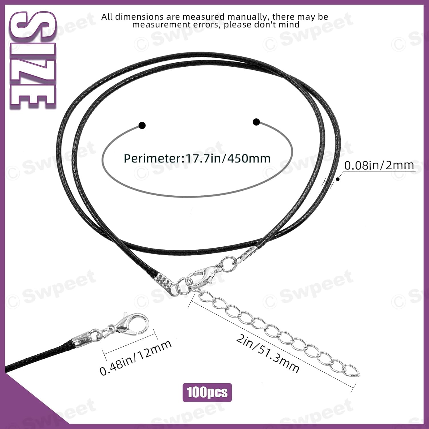 Swpeet 100Pcs 19" 1.5Mm Multicolor Waxed Necklace Cord Bulk with Clasp Necklace Rope String for Necklace Bracelet Jewelry Making Accessories, DIY Bracelet Pendant image number 1