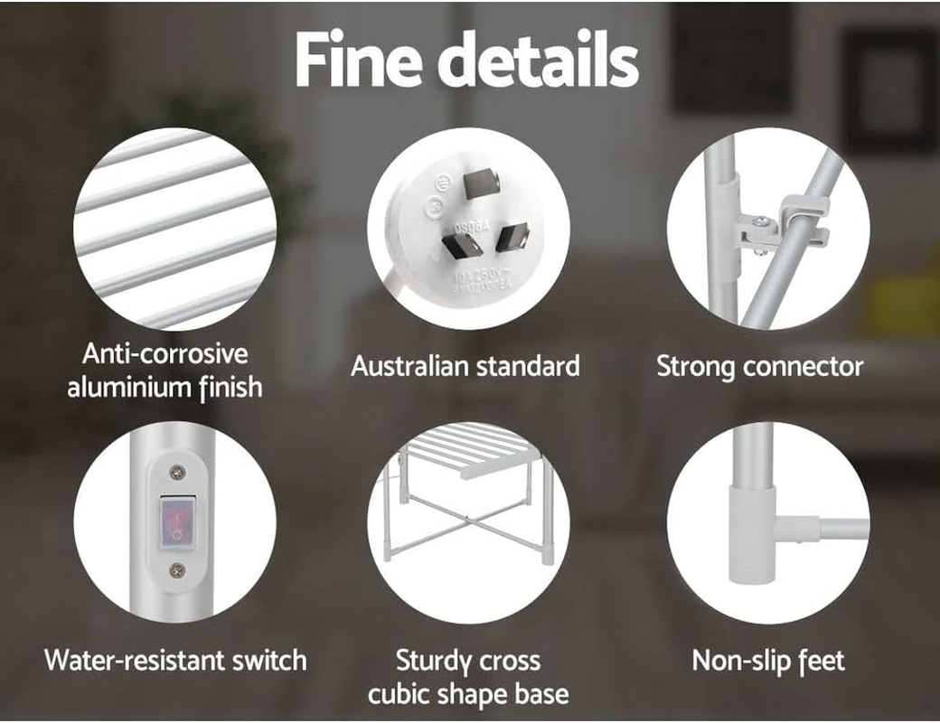 Devanti Heated Towel Rail, Aluminum Electric Towels Rack Warmer Clothes Rails Airer Drying Racks Bathroom Holder Foldable Free Standing Clothe Heater Dryer, 300W 3 Min Warm 40-55&deg;C 30 Rods Silver image number 1