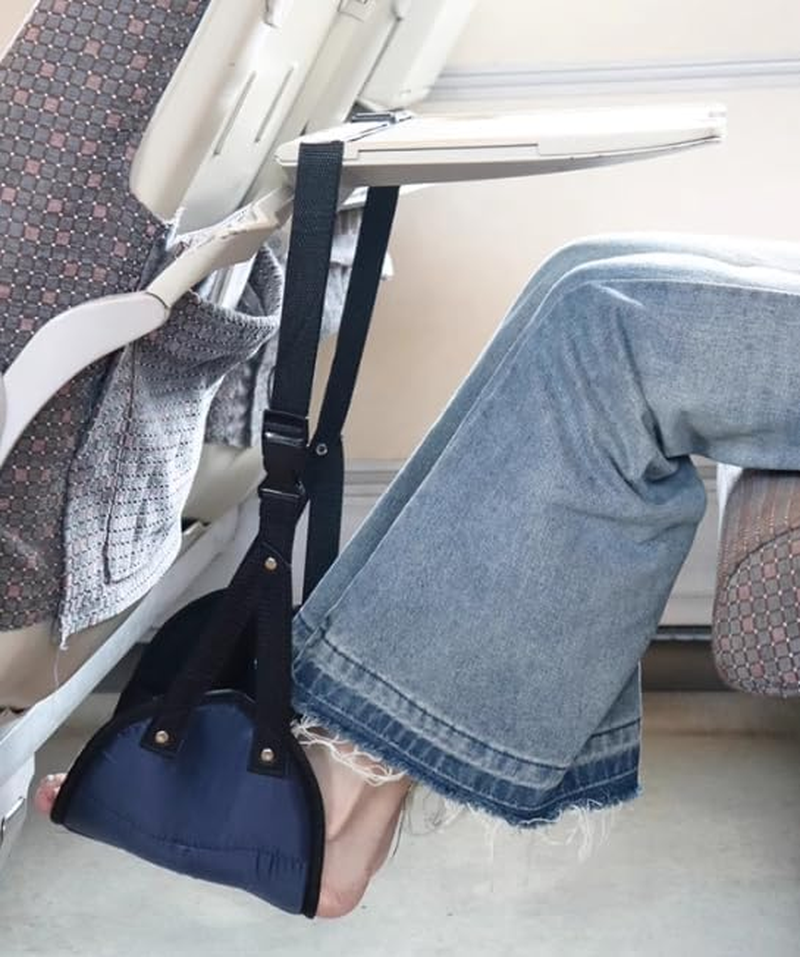 Airplane Foot Rest Memory Foam Airplane Foot Hammock Portable Travel Footrest with Storage Bag Adjustable Comfortable Foot Hanger for Airplane/Business/Ship Travel an Office Nap(Navy Blue) image number 1