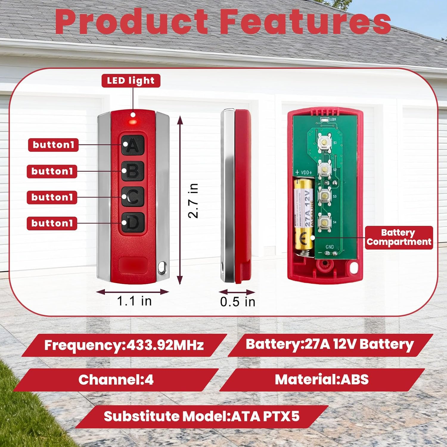NLDZGA Remote Control Compatible with ATA PTX-5 PTX5V2 433.92Mhz Garage Door Remote Works for Garage Door Opener Model GDO 6V3/6V4/7V2/7V3/8V3/9V2/9V3/10V1-Red-2Pcs - Red-1 image number 4