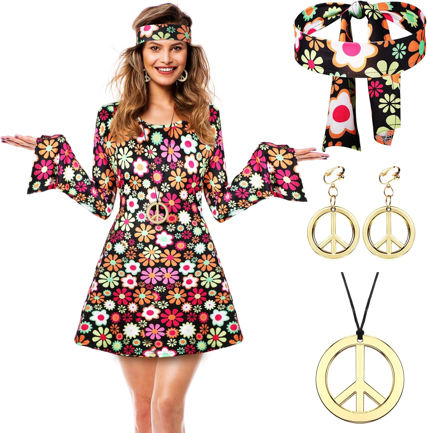 Haysandy Women'S 70S 80S Hippie Disco Costume Set: Green, Brown, Orange, Black; Earring, Necklace, Headband, Dress; Halloween; Adult Women, Halloween Enthusiasts image number 2