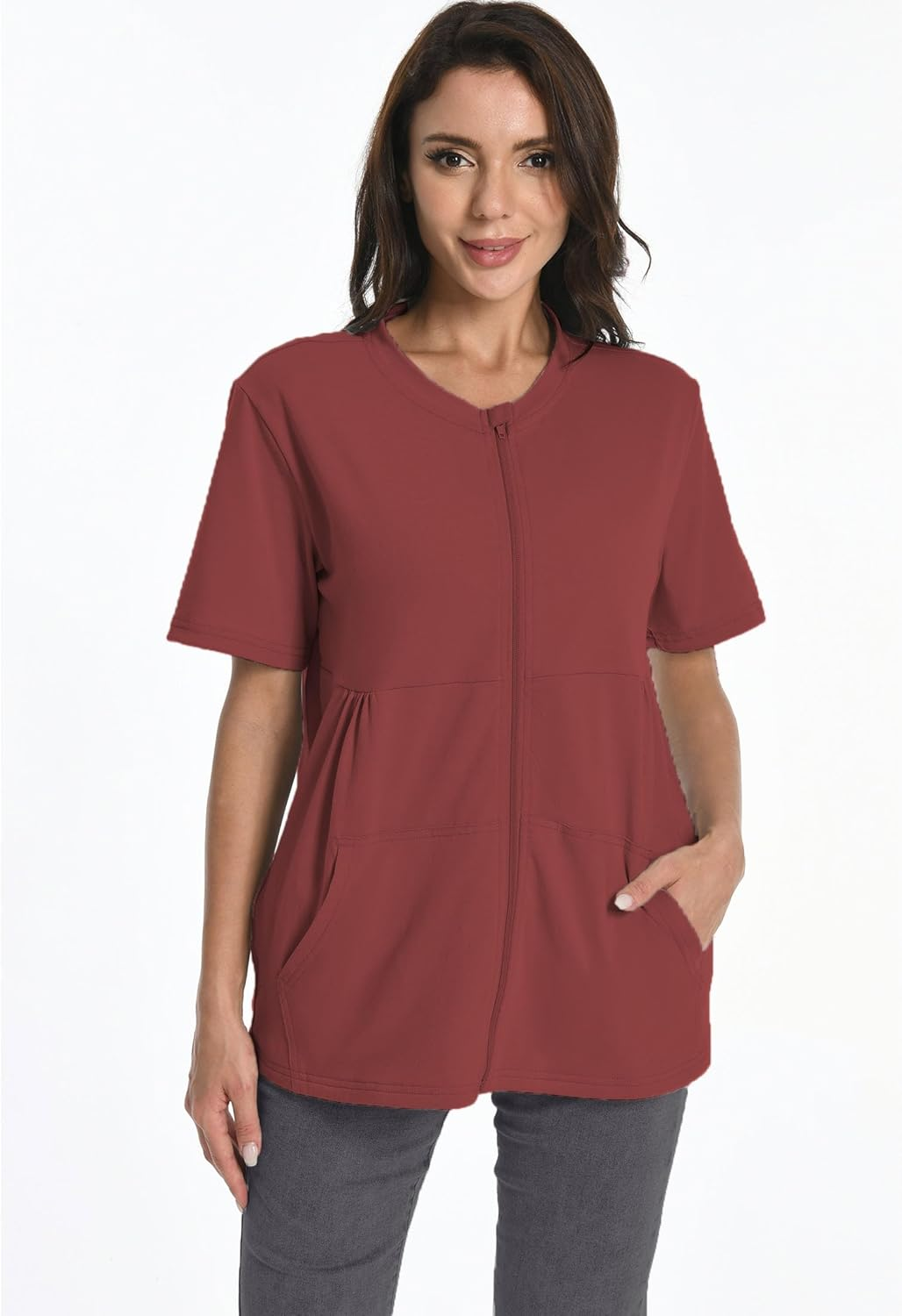 Post Mastectomy Zip Shirts with Drain Pockets Surgery Recovery Must Haves Clothing Comfy Short Sleeve Shirts image number 7