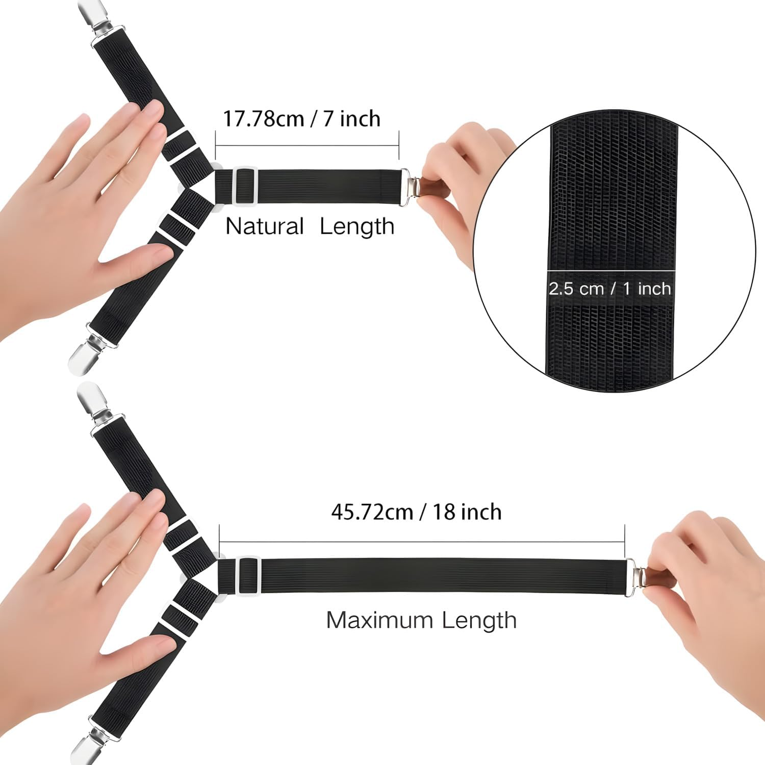 Bed Sheet Fasteners Holder Straps - Sheet Scrunchie with Elastic Bands and Corner Clips, Used for Bed Sheets, Mattress Covers, Sofa Cushion(Black, Pack of 4)