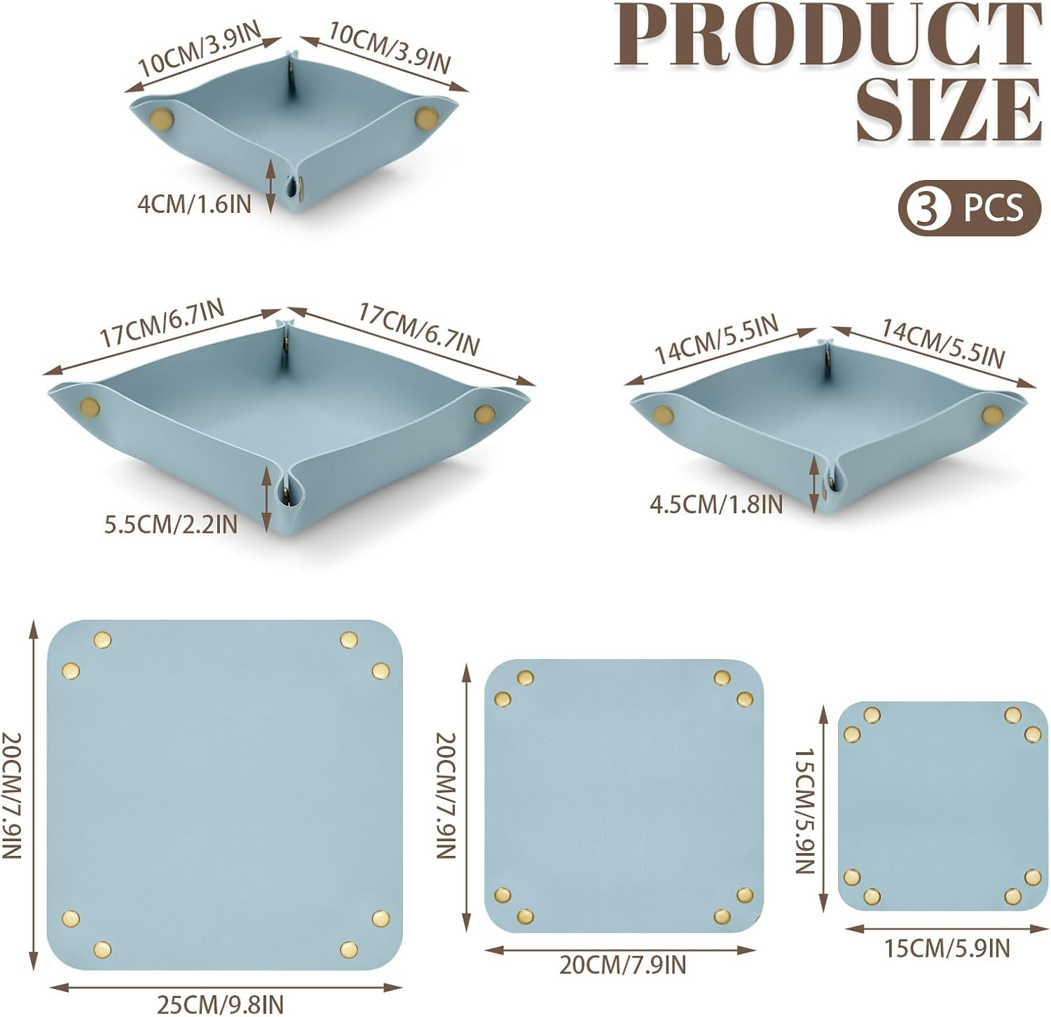 Sekonow 3 Pack Leather Valet Tray, 3 Sizes Catchall Tray Desk Organizer for Key Jewelry Trinket Watch Perfume Coin, for Entryway Table Nightstand Dresser Vanity Travel, Blue - Blue image number 5